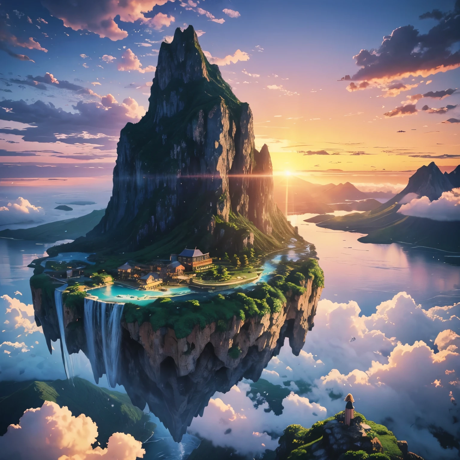 Anime island floating in the sky with a sunset in the background, montanha com cascata em nuvem voadora, mountain floating in the sky, uma imensa montanha flutuante, mountain with waterfall in the sky, bela fantasia detalhada, montanha de fantasia.