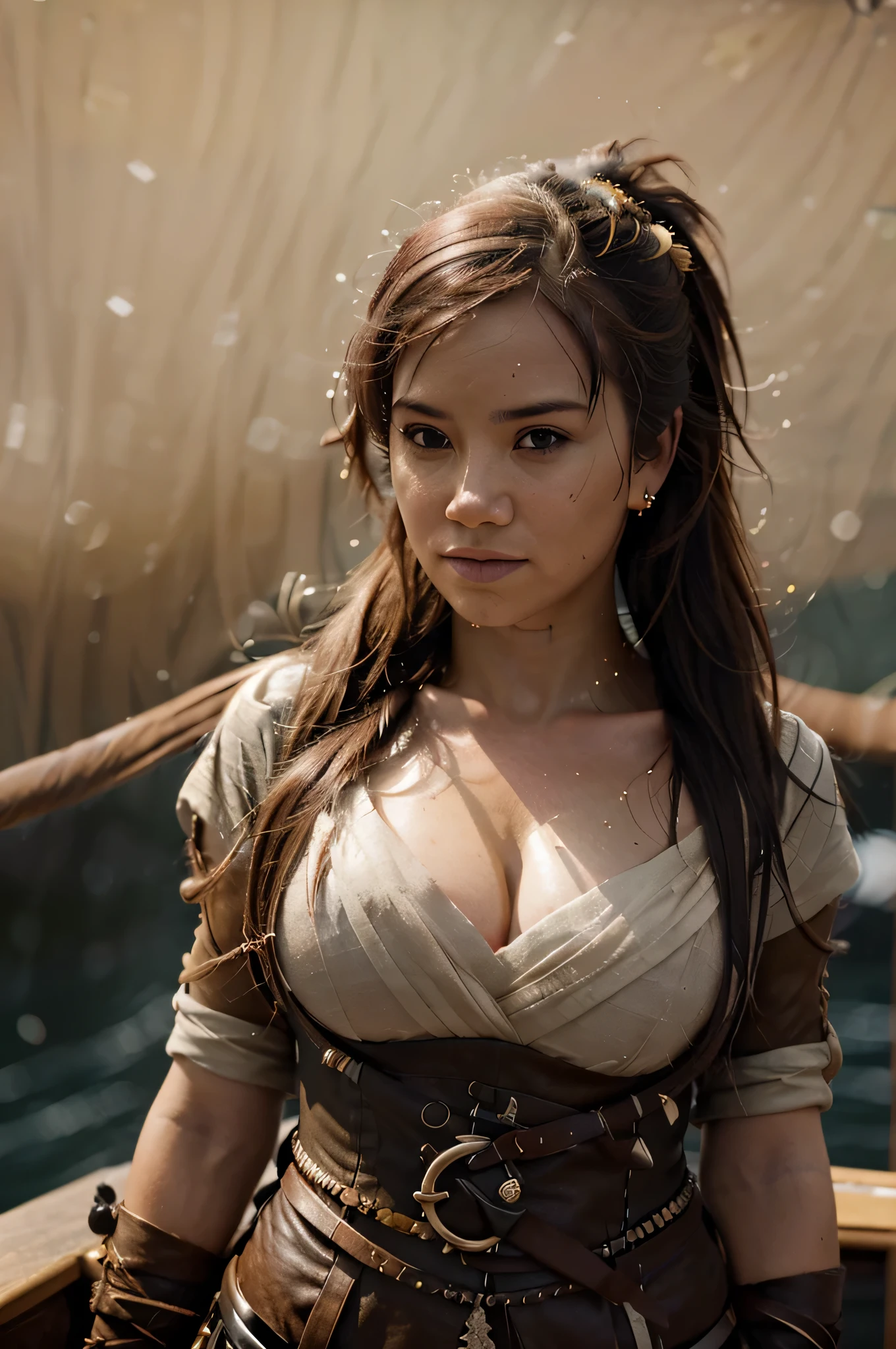 A bold and brave pirate captain at the helm of her ship., su mirada fija en el horizonte lejano. Su rostro curtido cuenta historias de innumerables batallas y aventuras., framed by tousled hair and a determined expression. The photo captures the essence of strength and determination.. Cada trazo del pincel le da vida., desde los intrincados detalles de su atuendo pirata hasta el brillo feroz en sus ojos. Esta obra maestra exuda un aire de autenticidad y habilidad., atrayendo a los espectadores al cautivador mundo de alta mar. capricious lighting, ambiente encantado, Texturas suaves, obra de arte imaginativa, ethereal glow, Luminiscencia silenciosa, susurrando silencio, fondo vibrante, por Skyrn99, cuerpo completo, (((Regla de los tercios))), Alta calidad, Alto detalle, high resolution, (bokeh:2), iluminar desde el fondo