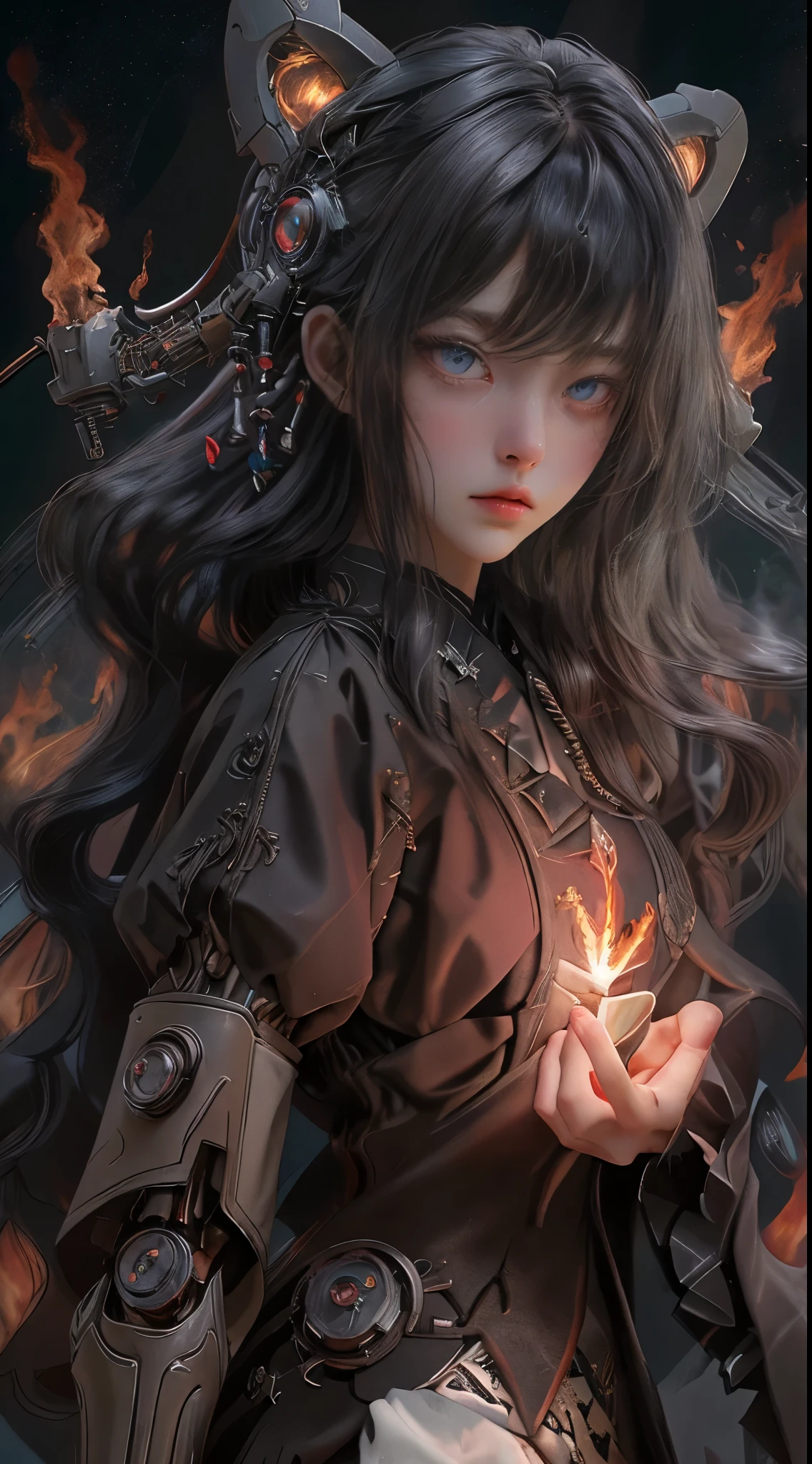Mechanical doll magical girl, female, , thick bangs, beautiful long black hair curled vertically and heavily disheveled in the wind, slit eyes, very large crescent-shaped eyes, very large dark gray eyes shining like jewels, long eyelashes, very thin little nose, very small mouth, very thin upper lip, light colored natural makeup, very slender and attractive body, (complex mechanical steampunk headgear, black lace flared skirt, complex mechanical overdecorated gothic lolita fashiombined with steampunk fashion), upturned small beautiful breasts, (exploding flames in the background). (complex mechanic factory, lots of gears, lots of piping, lightning filled space sky), create highly detailed and realistic images, (super detailed background), (dark mysterious: 1. 2), (masterpiece), (highest quality), (highest detailed face).