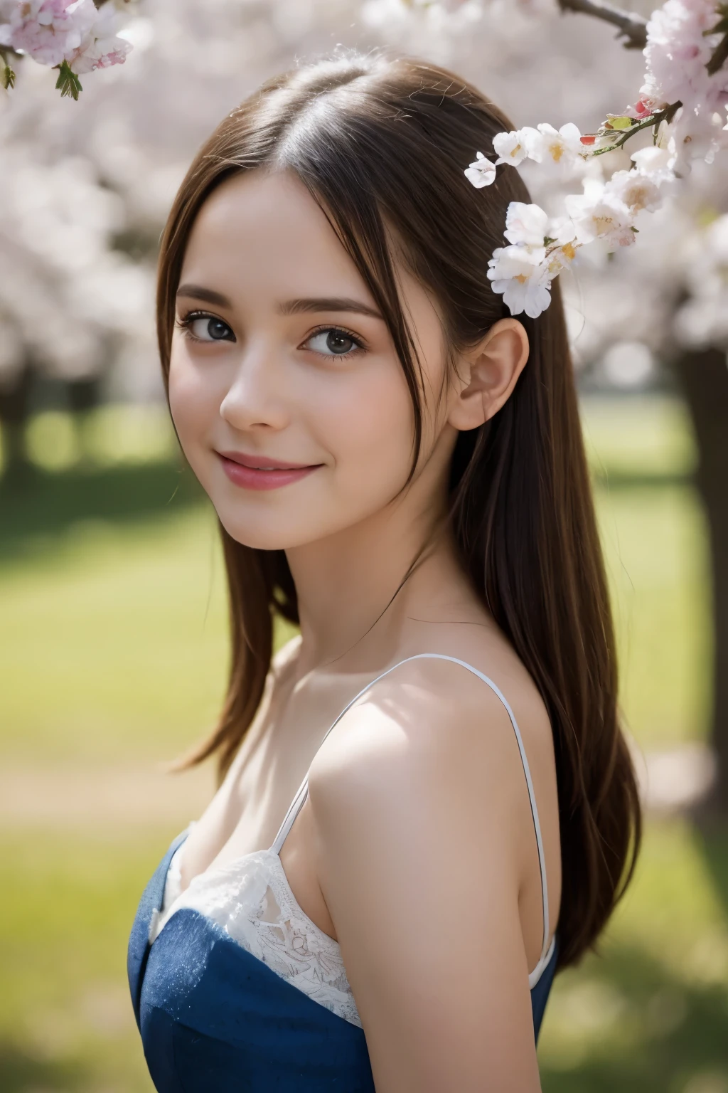 Masterpiece, Best quality, 8k, 18 ans, Photo brute, absurdes, Award-winning portrait, sourire, sourire, pure, french, pink black white dress, spring, , orchard in bloom, Italian, elegant, braids, sitting