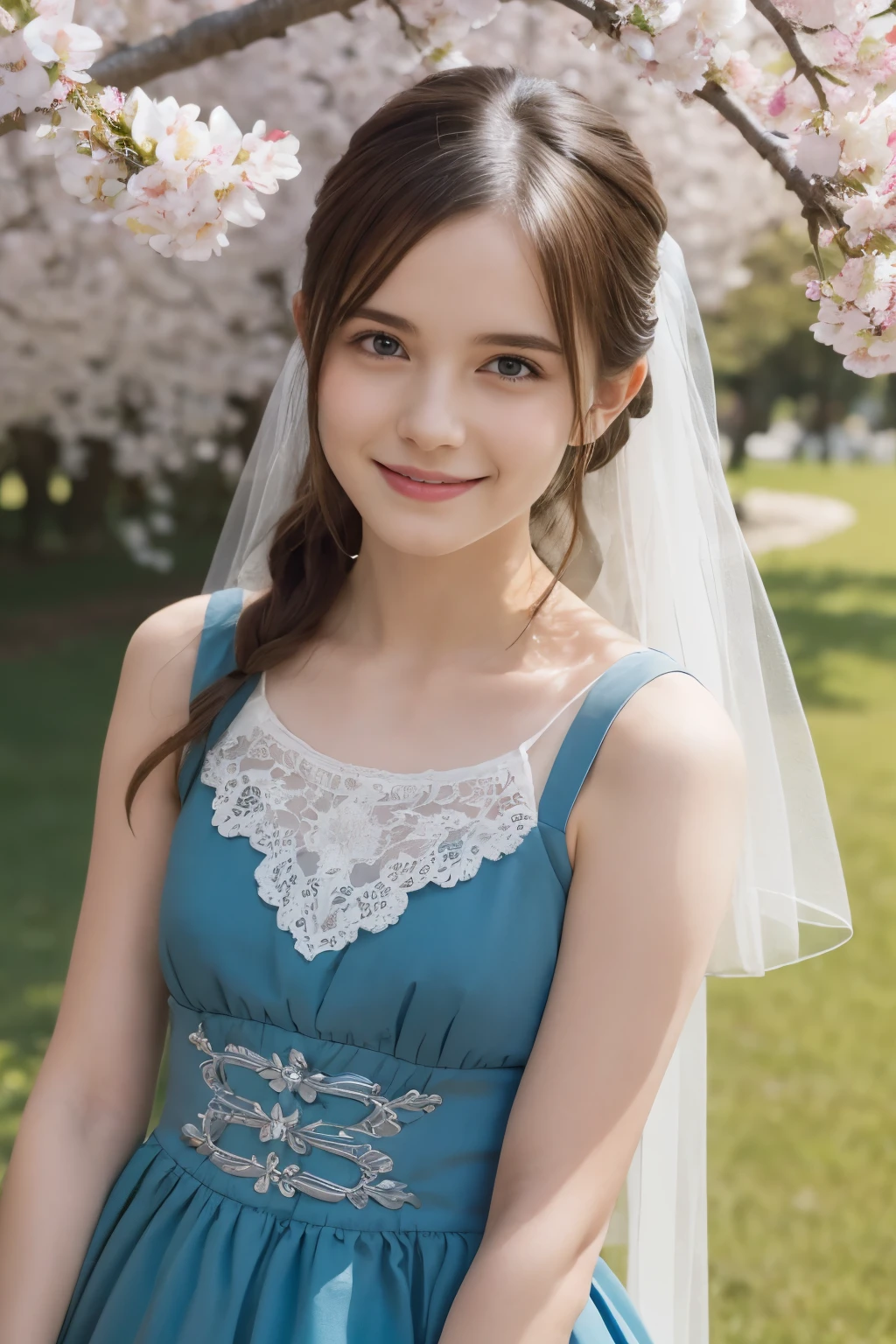 Masterpiece, Best quality, 8k, 18 ans, Photo brute, absurdes, Award-winning portrait, sourire, sourire, pure, french, elegant vibrant blue dress, spring, orchard in bloom, laces, famous singer