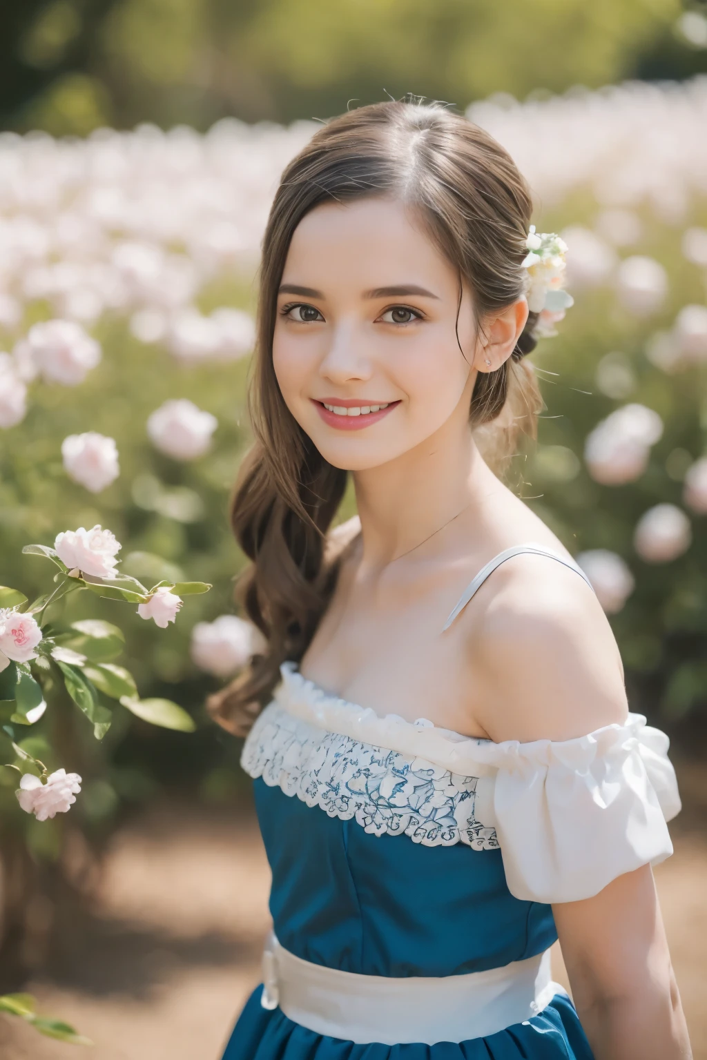Masterpiece, Best quality, 8k, 18 ans, Photo brute, absurdes, Award-winning portrait, sourire, sourire, pure, french, elegant vibrant blue dress, spring, orchard in bloom, laces, famous singer