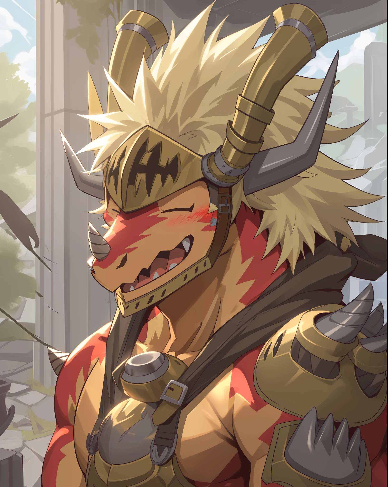 drum bunker dragon, helmet, anthro, dragon, male, armor, solo, horn, claws, scalie, blonde hair, muscular,
bust portrait, one eye closed, laugh, blush,
kemono, detailed background