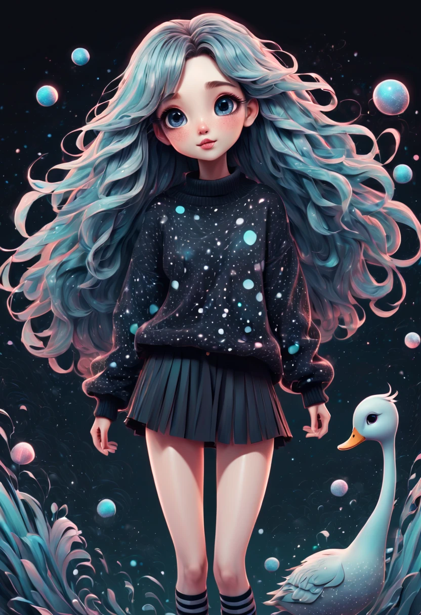 (best quality, highres, ultra sharp), (magical cute girl:1.2). Standing, Full body view, long legs. magical style, standing, long neck, large head, exaggerated hair, fluffy hair, small freckles, exaggerated expression, surreal, duck egg black sweater with small dots, details, horsehair, fluffy, socks, magic background, hand-drawn style,pencil drawing,cute, flowing lines, clean and crisp outlines, clean composition, zentangle hair style, art deco, zentangle, 3d crunch, cinematic,