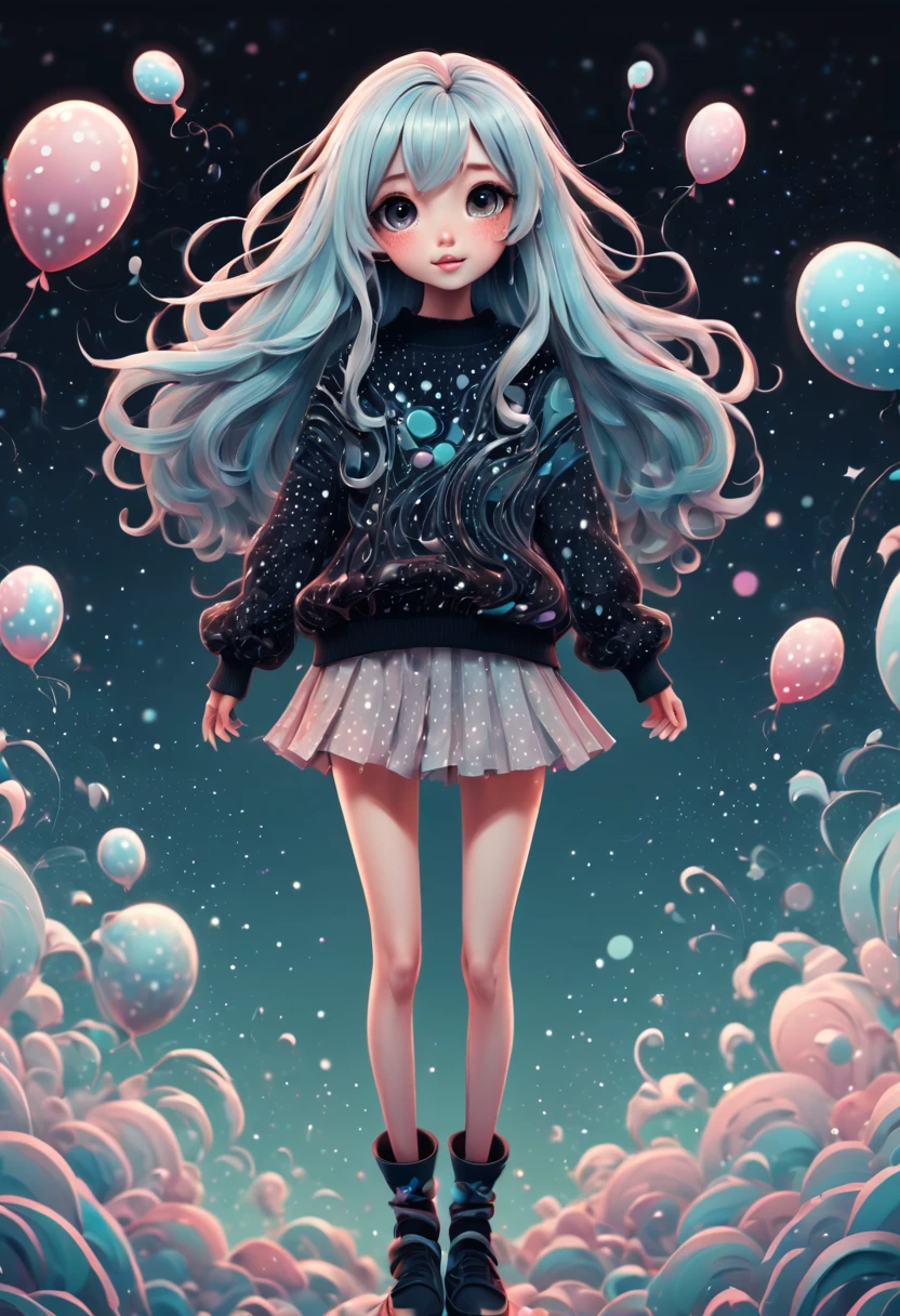 (best quality, highres, ultra sharp), (magical cute girl:1.2). Standing, Full body view, long legs. magical style, standing, long neck, large head, exaggerated hair, fluffy hair, small freckles, exaggerated expression, surreal, duck egg black sweater with small dots, details, horsehair, fluffy, socks, magic background, hand-drawn style,pencil drawing,cute, flowing lines, clean and crisp outlines, clean composition, zentangle hair style, art deco, zentangle, 3d crunch, cinematic,