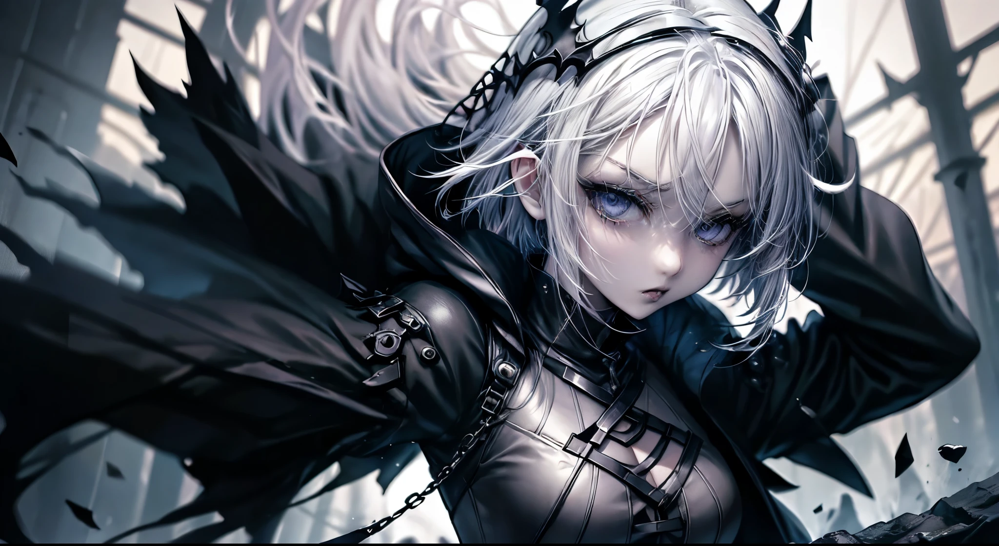 a girl monster, slave, chained, beautiful, detailed portrait, delicate facial features, piercing eyes, sharp fangs, pale skin, thick chains, dark background, cinematic lighting, dramatic shadows, moody atmosphere, dark fantasy, high contrast