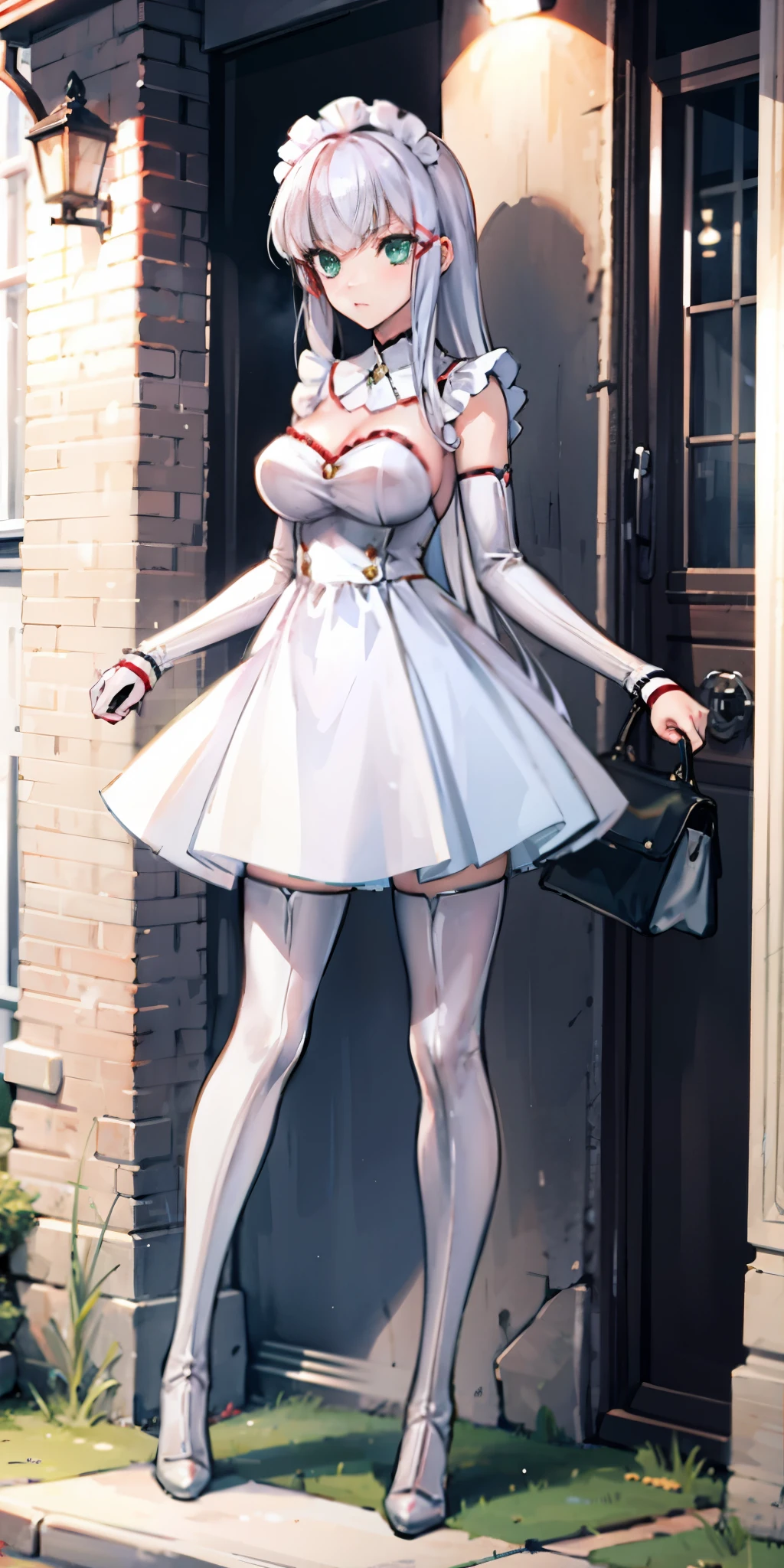 1girl, full body, white hair, green eyes, blue maid dress