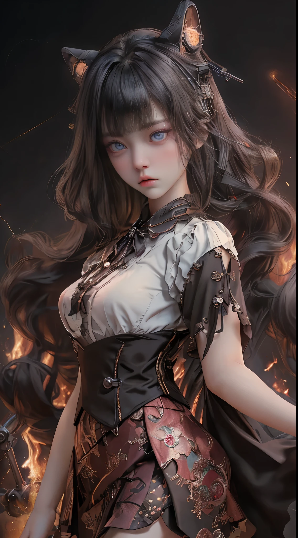 Mechanical doll magical girl, female, , thick bangs, beautiful long black hair curled vertically and heavily disheveled in the wind, slit eyes, very large crescent-shaped eyes, very large dark gray eyes shining like jewels, long eyelashes, very thin little nose, very small mouth, very thin upper lip, light colored natural makeup, very slender and attractive body, (complex mechanical steampunk headgear, black lace flared skirt, complex mechanical overdecorated gothic lolita fashiombined with steampunk fashion), upturned small beautiful breasts, (exploding flames in the background). (complex mechanic factory, lots of gears, lots of piping, lightning filled space sky), create highly detailed and realistic images, (super detailed background), (dark mysterious: 1. 2), (masterpiece), (highest quality), (highest detailed face).