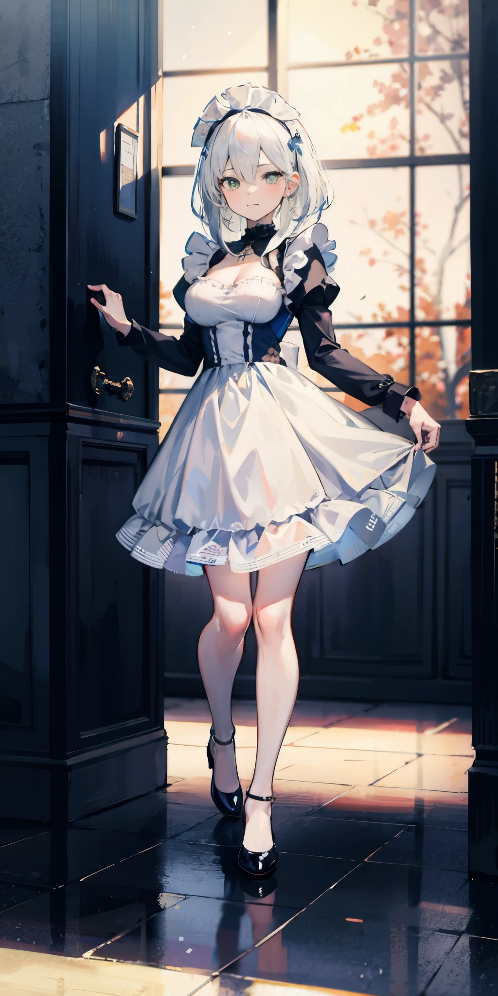 1girl, full body, white hair, green eyes, blue maid dress