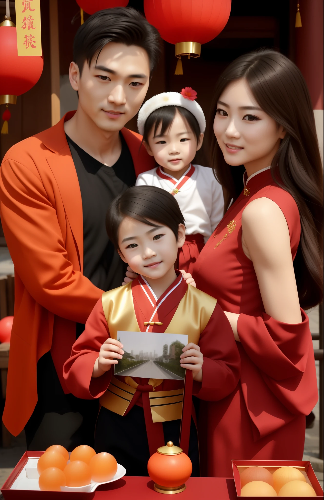 Family of four outdoors，There is a strong Spring Festival atmosphere on the street，Family members are all smiling，Spring Festival decorations decorate the whole street。reunion，Frontal composition，warm color，standard lens，indoor，Natural light，stationary，joy，reunion，Super thin face，super beautiful face，Super fine facial features，a ，fashion clothing，Dress handsomely，male god，goddess，top quality、​Masterpiece、ultra high resolution、(realism:1.6)、Eyes and facial details、Dynamic lighting、gloomy、deep shadow、light、增强hair details的绘图、A delicate face、more hair、Detailed nose、detailed mouth、detailed body、hair details