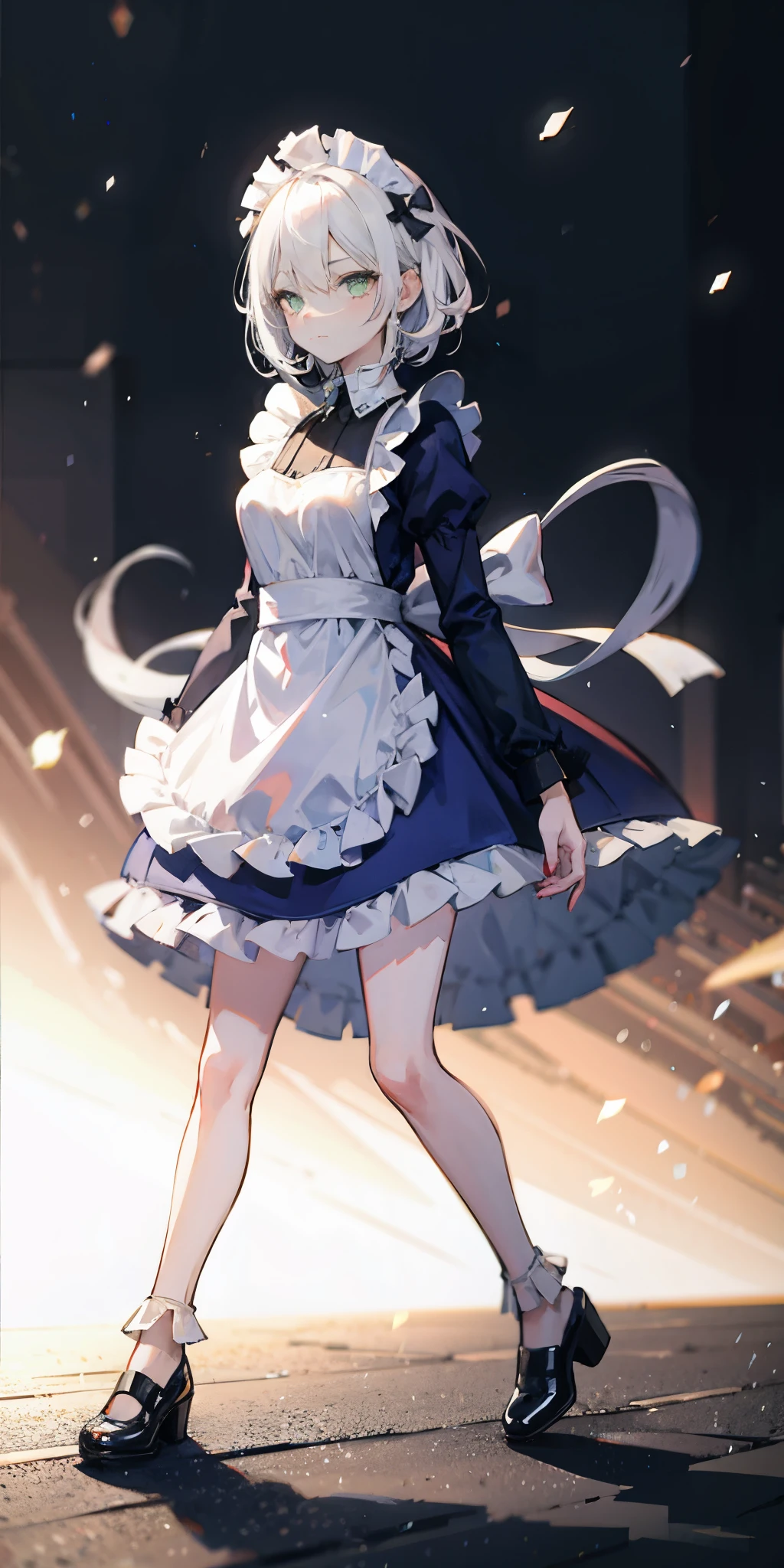 1girl, full body, white hair, green eyes, blue maid dress