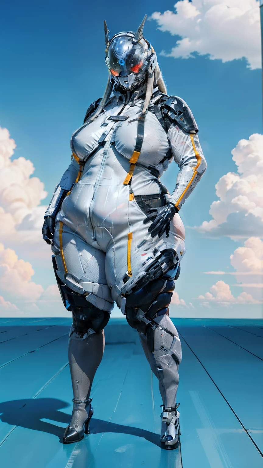 there is nothing, alone, Helmet,  cowboy shot, 
spaceship, industrial, performer,
 (very detailed, masterpiece, highest quality), fat girl、adult woman、Chubby-chan、thick body、reality、professional photos、genuine、thick body, big 、 big ass、big belly、thick thighs、mechanical bodysuit, サイバーHelmet,visor、 Silver Suit,、full body portrait、high heels、full body portrait、stand on tiptoe、facing forward、model standing
 