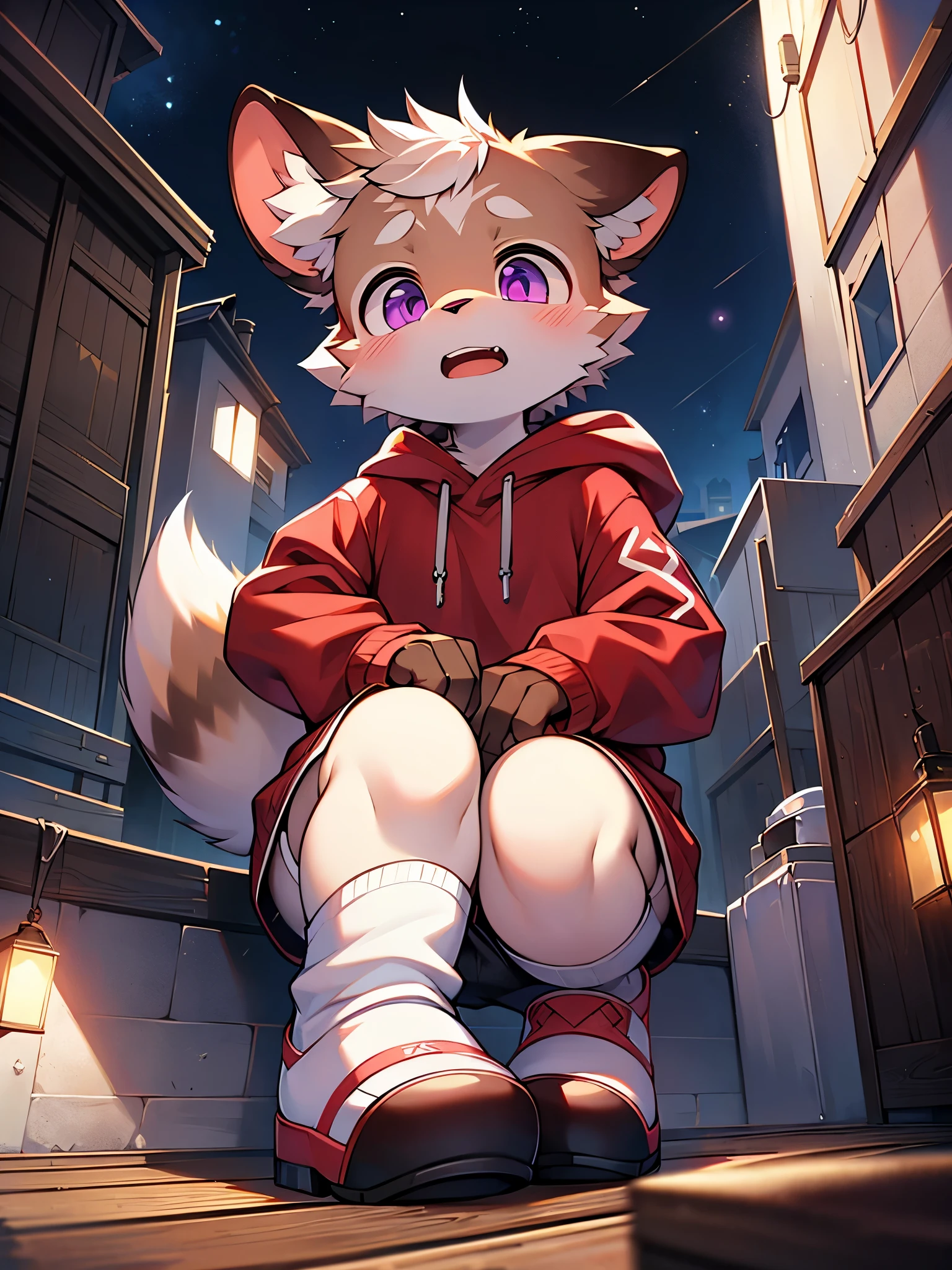 Civet cat, , cute, ((with brown and white fur)), big purple eyes, red hoodie, off white shoes, brown shorts, (((white football socks))), surprised expression, (opening mouth), crouch, ((two hands on knees)), looking up at you, looking down from above, with a blush on the face, night, rooftop, beautiful starry sky, octane rendering, master's masterpiece, fine body portrayal, accurate hand portrayal, accurate detail portrayal, 4K ultra clear