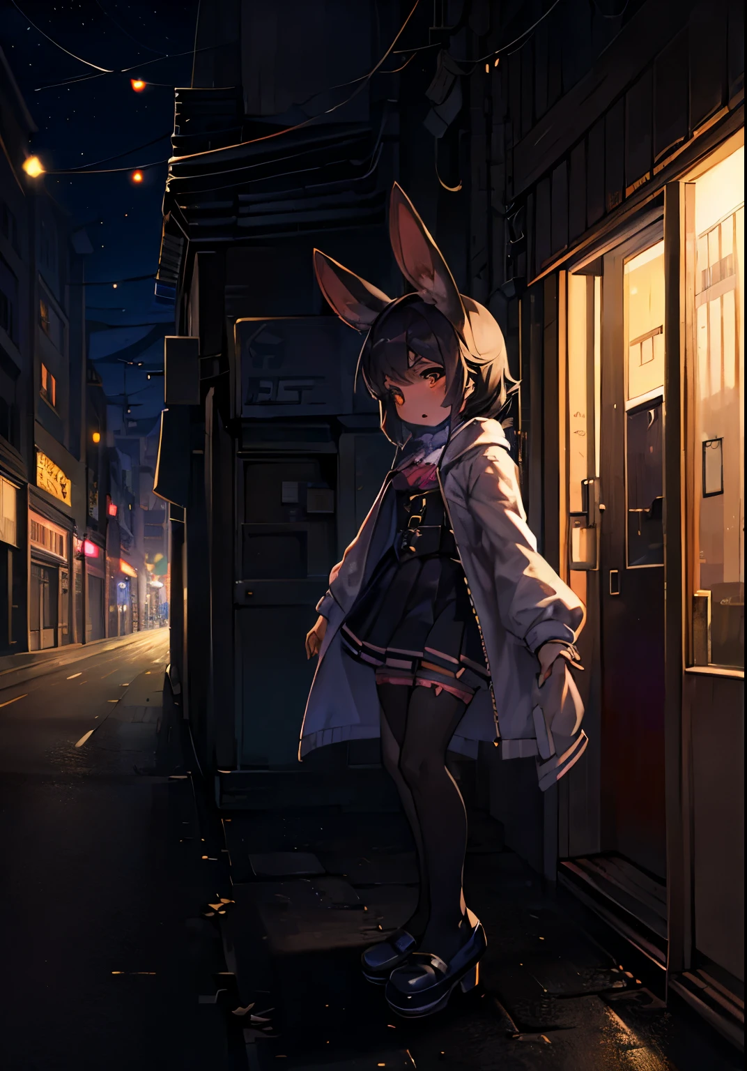 night street,Bunny Girl,bunny ears,Characteristics of a -year-girl,ale focus,Furry women ,Furry loli,black hair ,Height 1.6 meters,summer coat,short skirt