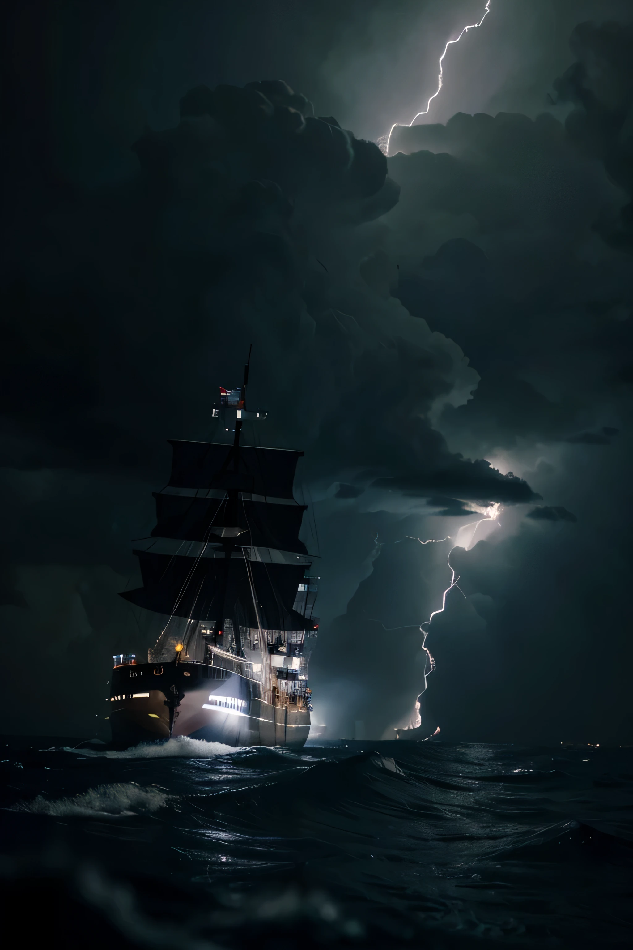 sailor on his ship in the middle of a storm at night