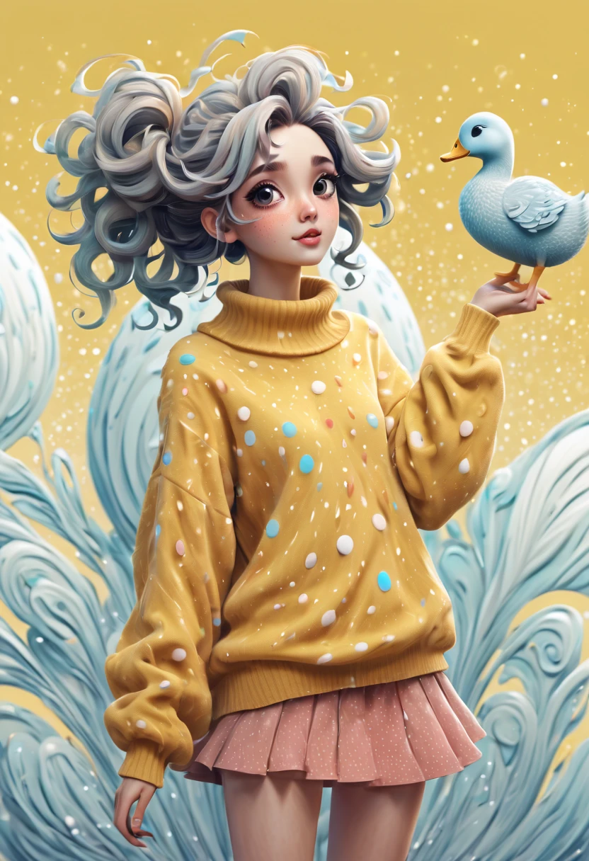 (best quality, highres, ultra sharp), (magical cute girl:1.2). Standing, (Full body:1.1) view, long legs. magical style, standing, long neck, large head, (exaggerated hair:1.1), (fluffy hair:1.1), small freckles, exaggerated expression, surreal, duck egg yellow sweater with small dots, details, horsehair, fluffy, socks, magic background, hand-drawn style,pencil drawing,cute, flowing lines, clean and crisp outlines, clean composition, zentangle hair style, art deco, zentangle, 3d crunch, cinematic,