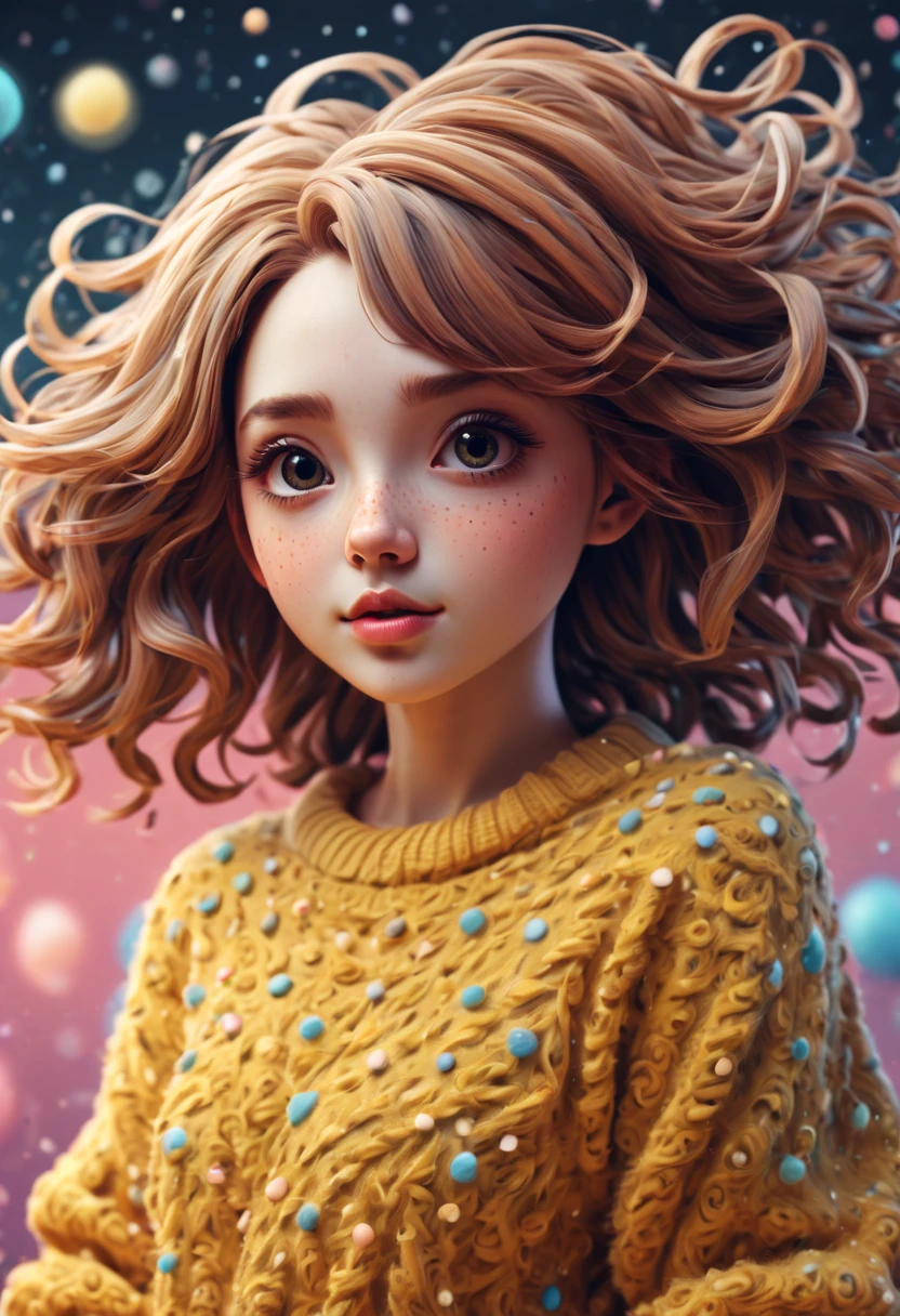 (best quality, highres, ultra sharp), (magical cute girl:1.2). Standing, (Full body:1.1) view, long legs. magical style, standing, long neck, large head, (exaggerated hair:1.1), (fluffy hair:1.1), small freckles, exaggerated expression, surreal, duck egg yellow sweater with small dots, details, horsehair, fluffy, socks, magic background, hand-drawn style,pencil drawing,cute, flowing lines, clean and crisp outlines, clean composition, zentangle hair style, art deco, zentangle, 3d crunch, cinematic,