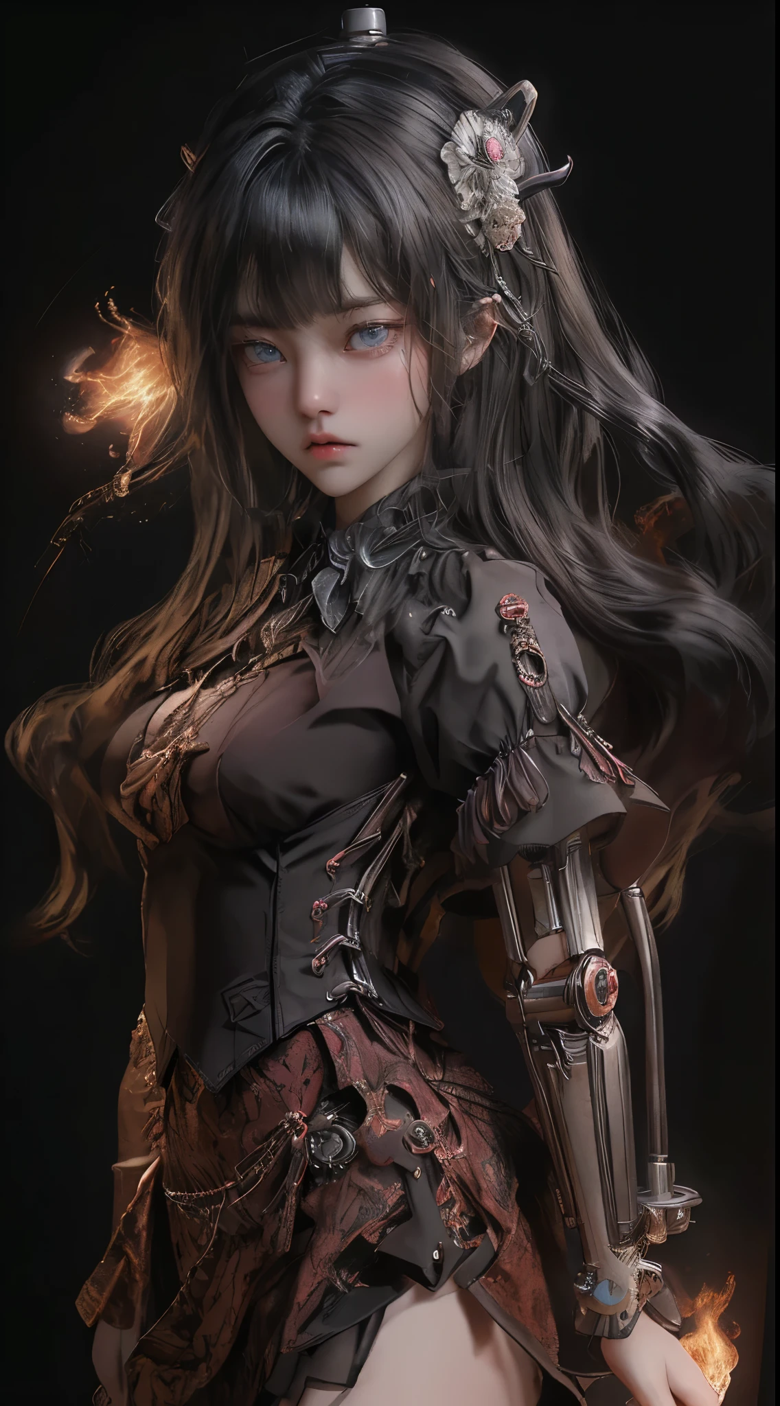 Mechanical doll magical girl, female, 14 years old, thick bangs, beautiful long black hair curled vertically and heavily disheveled in the wind, slit eyes, very large crescent-shaped eyes, very large dark gray eyes shining like jewels, long eyelashes, very thin little nose, very small mouth, very thin upper lip, light colored natural makeup, very slender and attractive body, (complex mechanical steampunk headgear, black lace flared skirt, complex mechanical overdecorated gothic lolita fashion combined with steampunk fashion), upturned small beautiful breasts, (exploding flames in the background). (complex mechanic factory, lots of gears, lots of piping, lightning filled space sky), create highly detailed and realistic images, (super detailed background), (dark mysterious: 1. 2), (masterpiece), (highest quality), (highest detailed face).