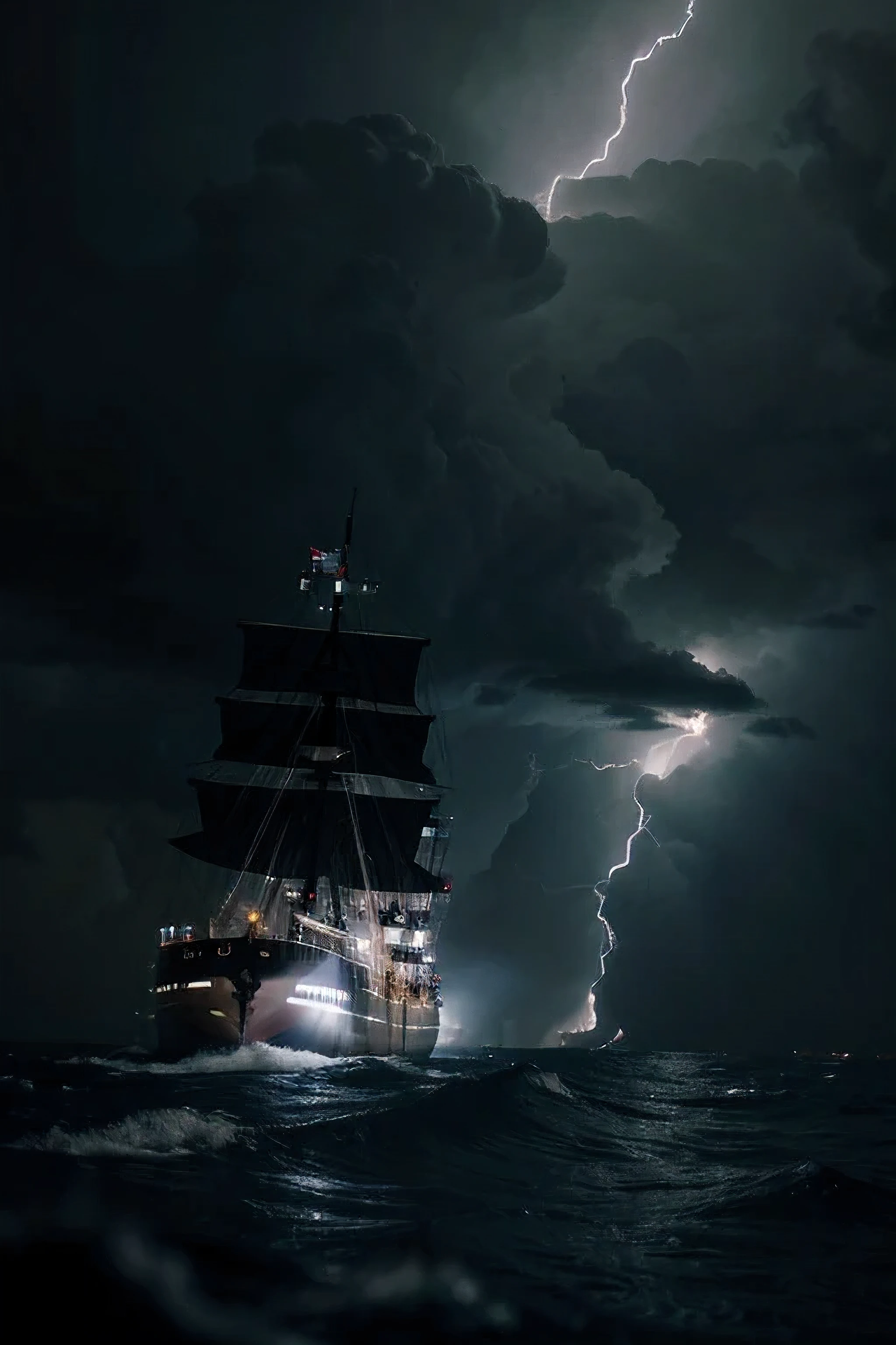 sailor on his ship in the middle of a storm at night