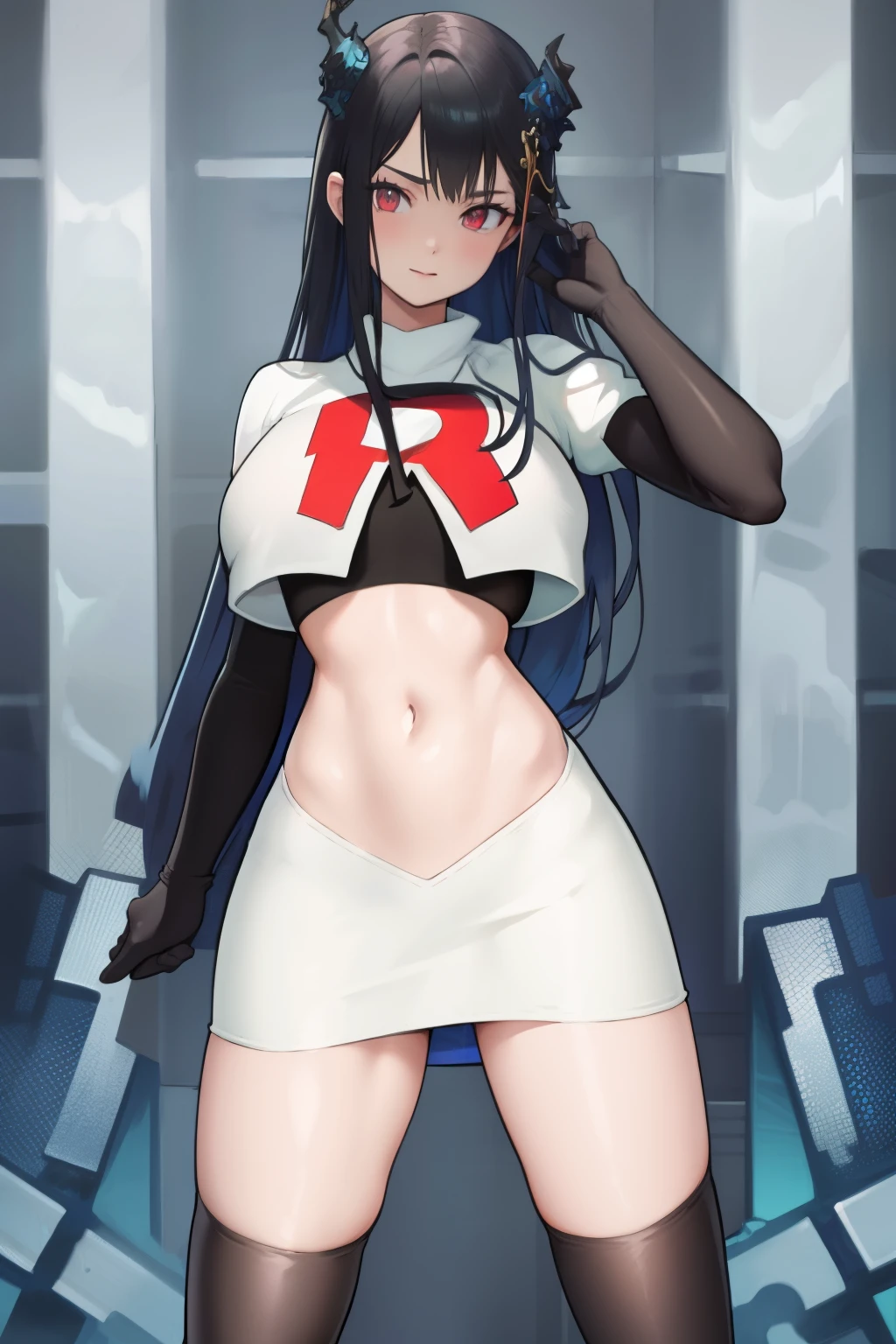 (official art),
1girl, solo, standing, cowboy shot, looking at viewer, 
(asymmetrical horns), horns, demon horns, red eyes, slit pupils, mole under eye, black hair, blue hair, two-tone hair, long hair, [hair ornament], large breasts, wide hips,
team rocket,team rocket uniform, red letter R, white skirt,white crop top,black thigh-highs,black elbow gloves