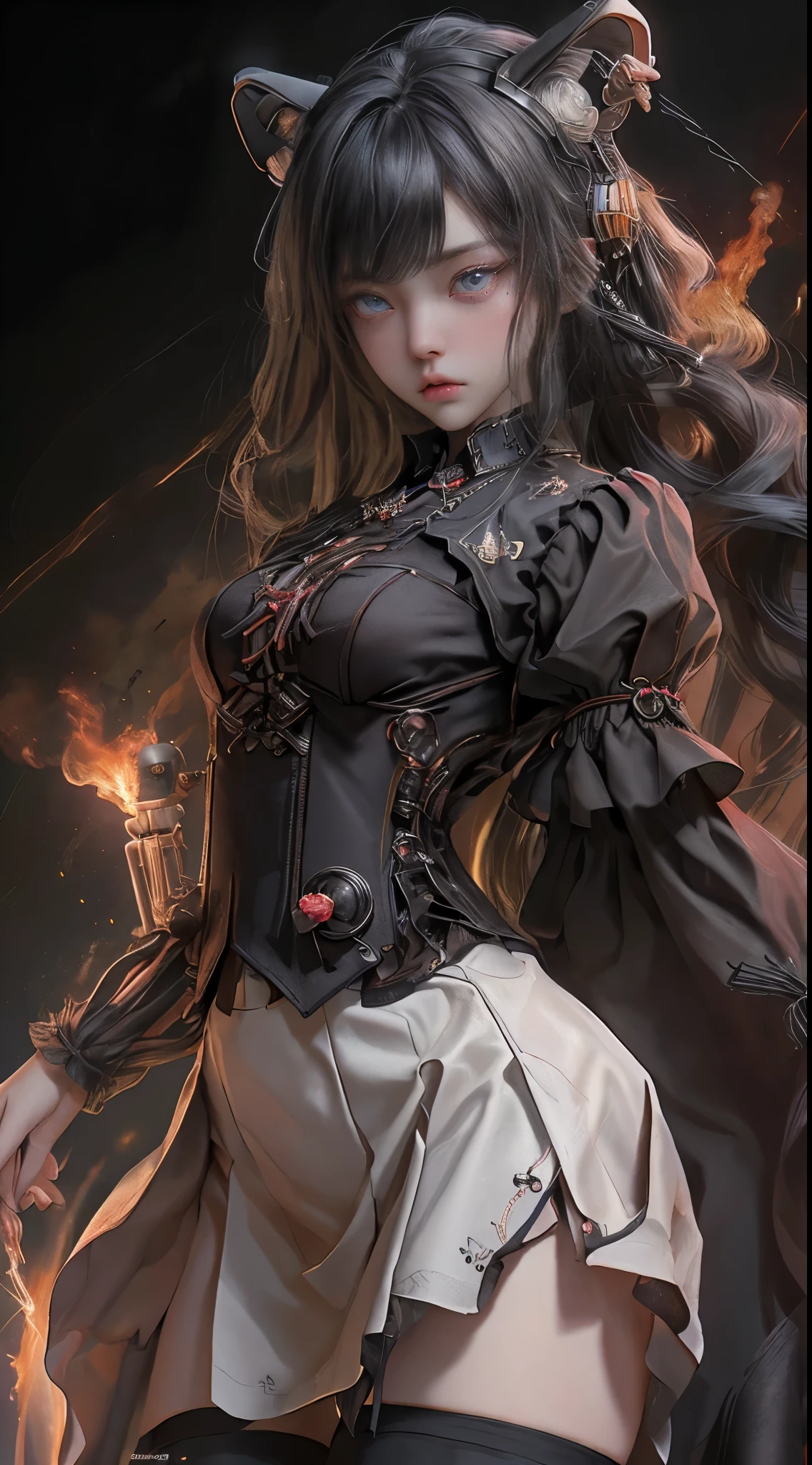 Mechanical doll magical girl, female, , thick bangs, beautiful long black hair curled vertically and heavily disheveled in the wind, slit eyes, very large crescent-shaped eyes, very large dark gray eyes shining like jewels, long eyelashes, very thin little nose, very small mouth, very thin upper lip, light colored natural makeup, very slender and attractive body, (complex mechanical steampunk headgear, black lace flared skirt, complex mechanical overdecorated gothic lolita fashion combined with steampunk fashion), upturned small beautiful breasts, (exploding flames in the background). (complex mechanic factory, lots of gears, lots of piping, lightning filled space sky), create highly detailed and realistic images, (super detailed background), (dark mysterious: 1. 2), (masterpiece), (highest quality), (highest detailed face).