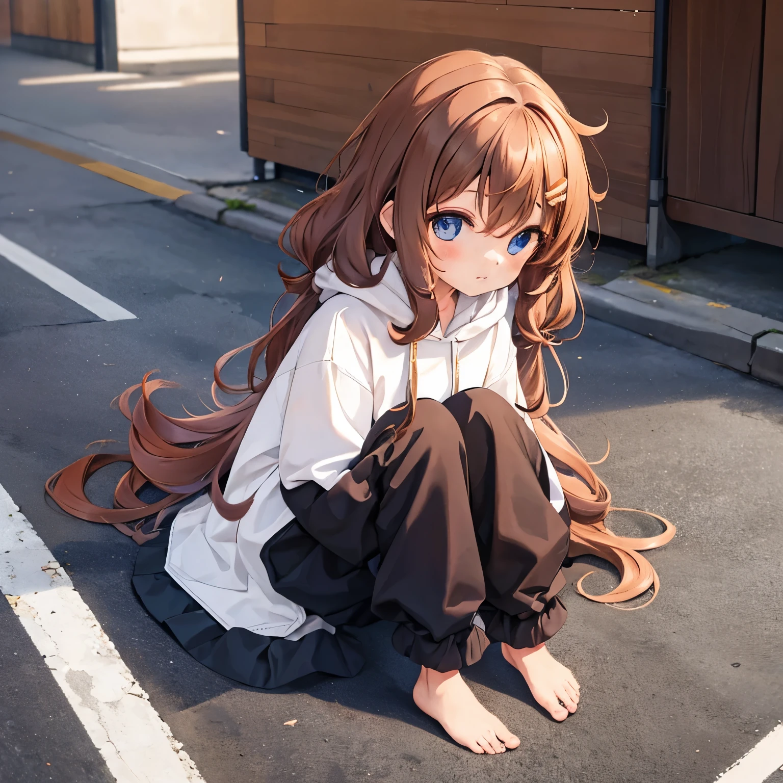 one girl, long hair, curly hair, chestnut hair, Brushed lining, hoodie, Moe sleeves, barefoot, night, Alley, soil, Low brightness, lots of garbage bags, sitting down