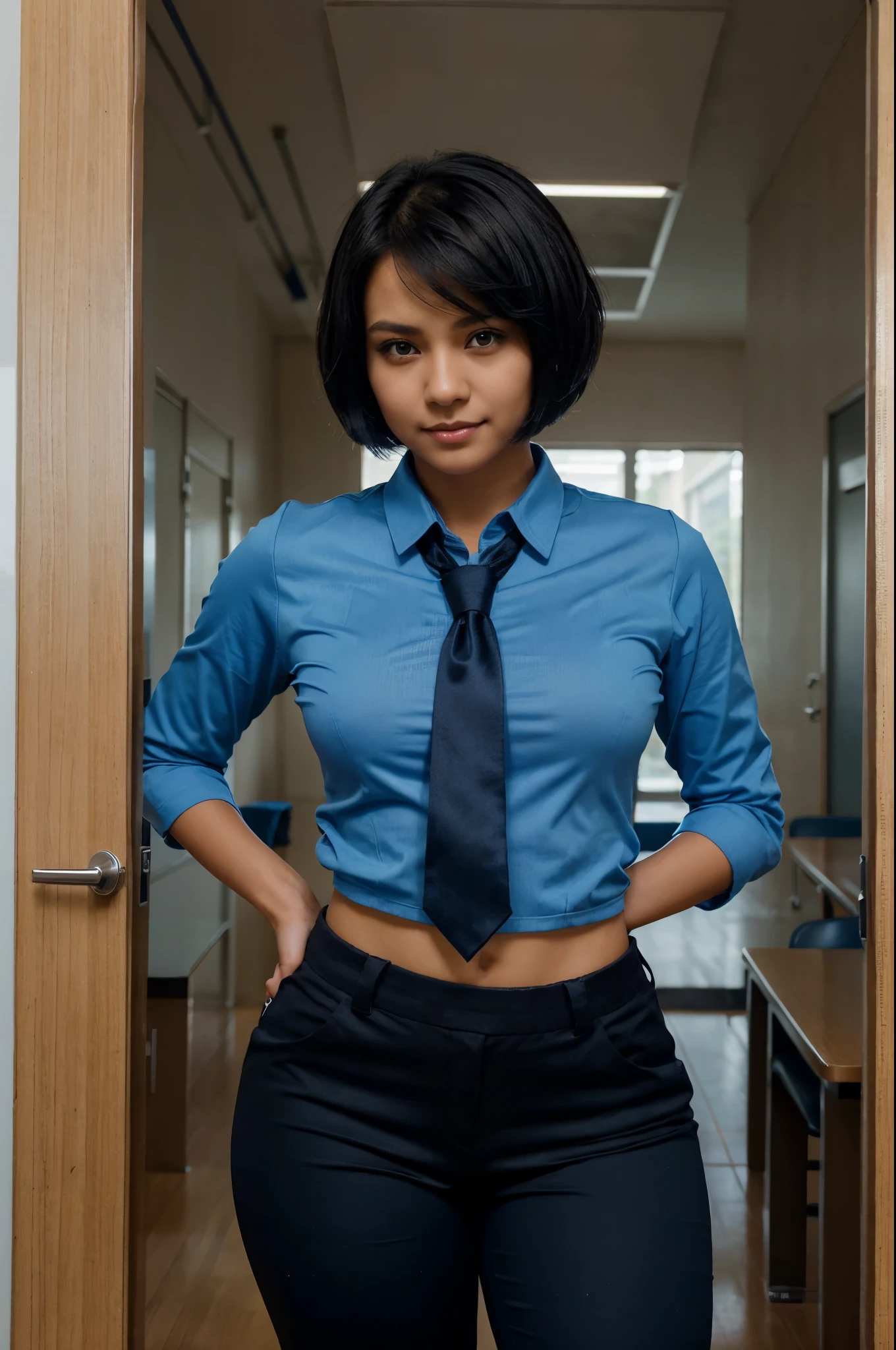 black short micro bob haired female student with nametag Jhea. Dark brown eyes. She wear blue soldier school uniform with blue tie and blue tight pants. Fierce face. Smile beautifully and elegantly to the camera. Full body standing inside classroom. Add 'Jhea' as title.