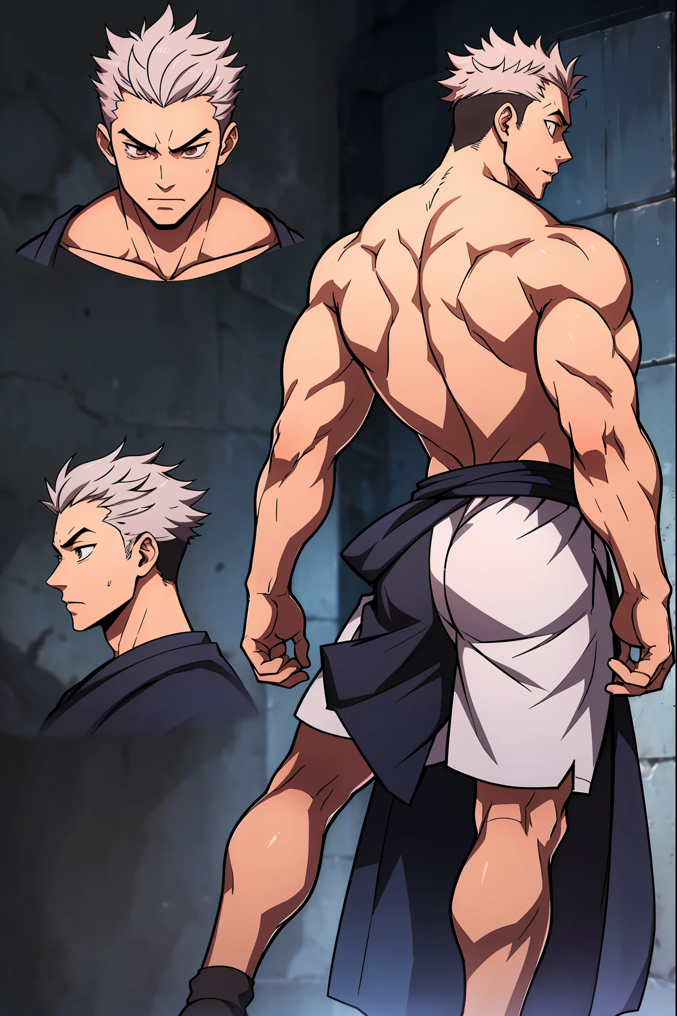 character sheet style, the character is an young man, Arataki Itto, Yuji Itadori face, muscular, White hair, with boxer shorts, character sheet, Front view of the body, back view of the body, detailed face, face view, many parts, depth 