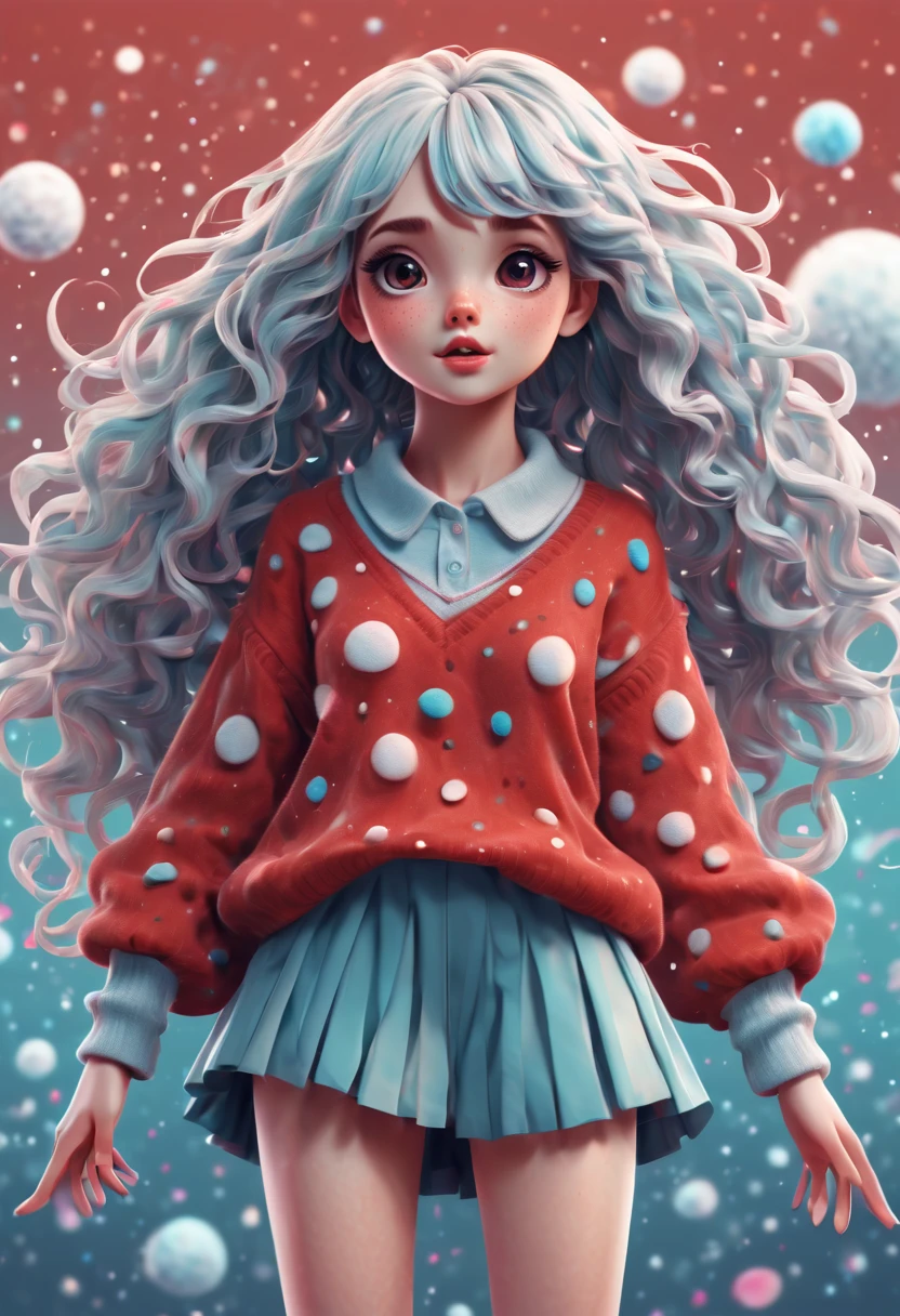 (best quality, highres, ultra sharp), (magical cute girl:1.2). Standing, (Full body:1.1) view, long legs. magical style, standing, long neck, large head, (exaggerated hair:1.1), (fluffy hair:1.1), small freckles, exaggerated expression, surreal, duck egg red sweater with small dots, details, horsehair, fluffy, socks, magic background, hand-drawn style,pencil drawing,cute, flowing lines, clean and crisp outlines, clean composition, zentangle hair style, art deco, zentangle, 3d crunch, cinematic,