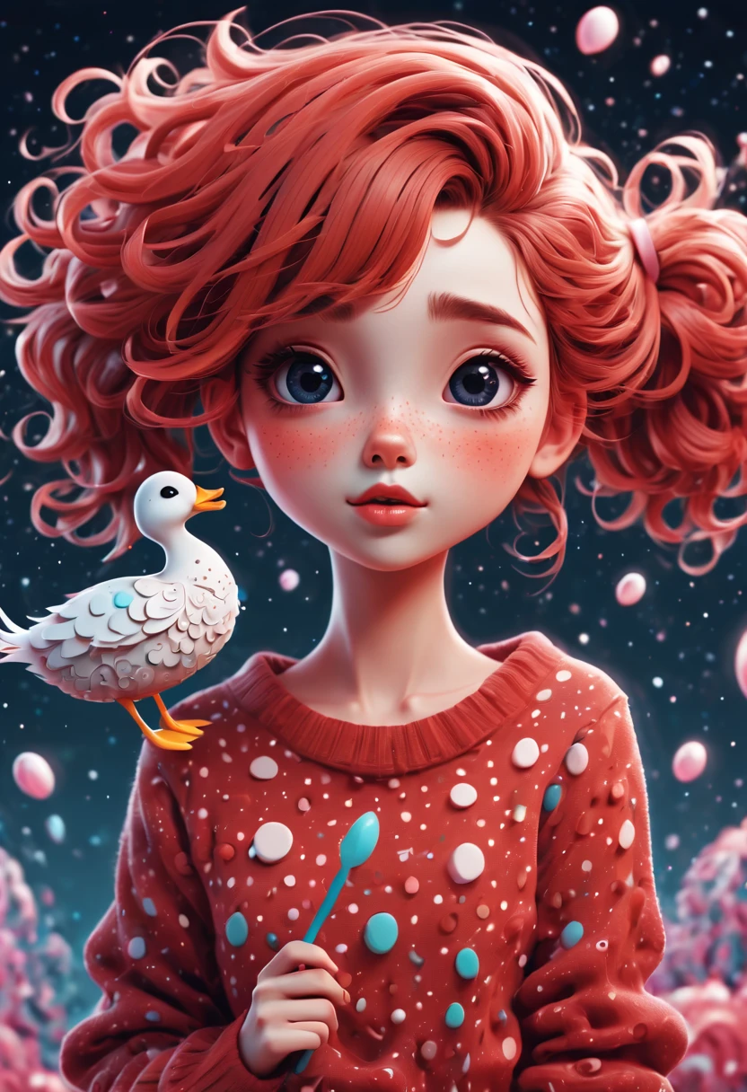 (best quality, highres, ultra sharp), (magical cute girl:1.2). Standing, (Full body:1.1) view, long legs. magical style, standing, long neck, large head, (exaggerated hair:1.1), (fluffy hair:1.1), small freckles, exaggerated expression, surreal, duck egg red sweater with small dots, details, horsehair, fluffy, socks, magic background, hand-drawn style,pencil drawing,cute, flowing lines, clean and crisp outlines, clean composition, zentangle hair style, art deco, zentangle, 3d crunch, cinematic,