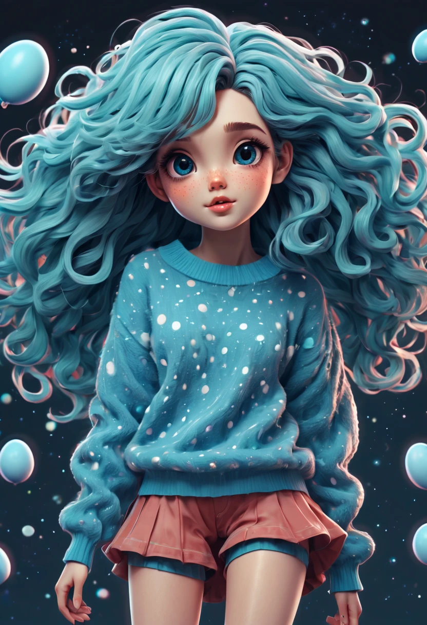 (best quality, highres, ultra sharp), (magical cute girl:1.2). Standing, (Full body:1.1) view, long legs. magical style, standing, long neck, large head, (exaggerated hair:1.1), (fluffy hair:1.1), small freckles, exaggerated expression, surreal, duck egg blue sweater with small dots, details, horsehair, fluffy, socks, magic background, hand-drawn style,pencil drawing,cute, flowing lines, clean and crisp outlines, clean composition, zentangle hair style, art deco, zentangle, 3d crunch, cinematic,