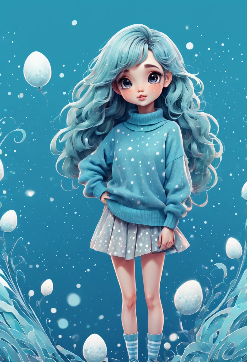(best quality, highres, ultra sharp), (magical cute girl:1.2). Standing, (Full body:1.1) view, long legs. magical style, standing, long neck, large head, (exaggerated hair:1.1), (fluffy hair:1.1), small freckles, exaggerated expression, surreal, duck egg blue sweater with small dots, details, horsehair, fluffy, socks, magic background, hand-drawn style,pencil drawing,cute, flowing lines, clean and crisp outlines, clean composition, zentangle hair style, art deco, zentangle, 3d crunch, cinematic,