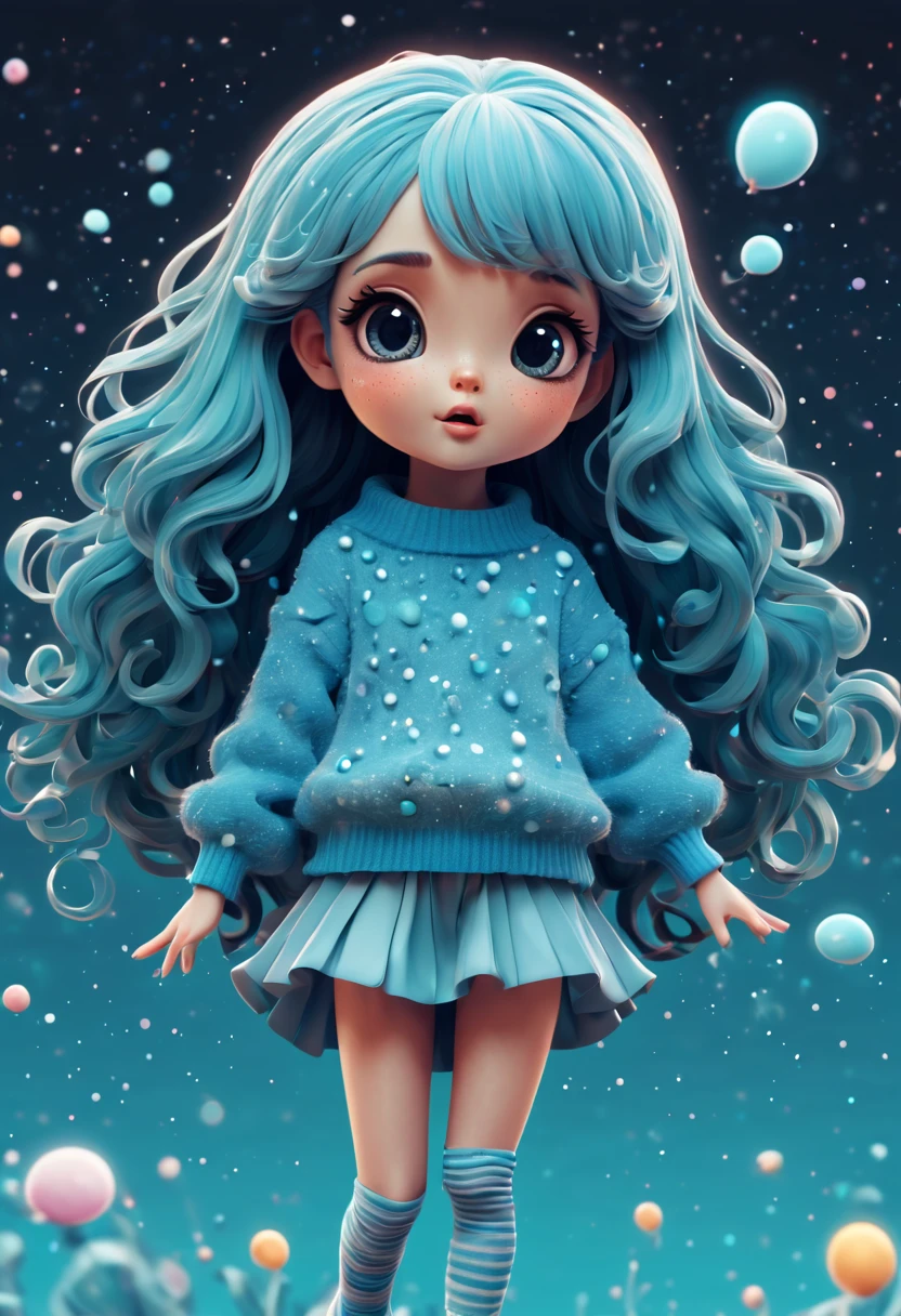 (best quality, highres, ultra sharp), (magical cute girl:1.2). Standing, (Full body:1.1) view, long legs. magical style, standing, long neck, large head, (exaggerated hair:1.1), (fluffy hair:1.1), small freckles, exaggerated expression, surreal, duck egg blue sweater with small dots, details, horsehair, fluffy, socks, magic background, hand-drawn style,pencil drawing,cute, flowing lines, clean and crisp outlines, clean composition, zentangle hair style, art deco, zentangle, 3d crunch, cinematic,