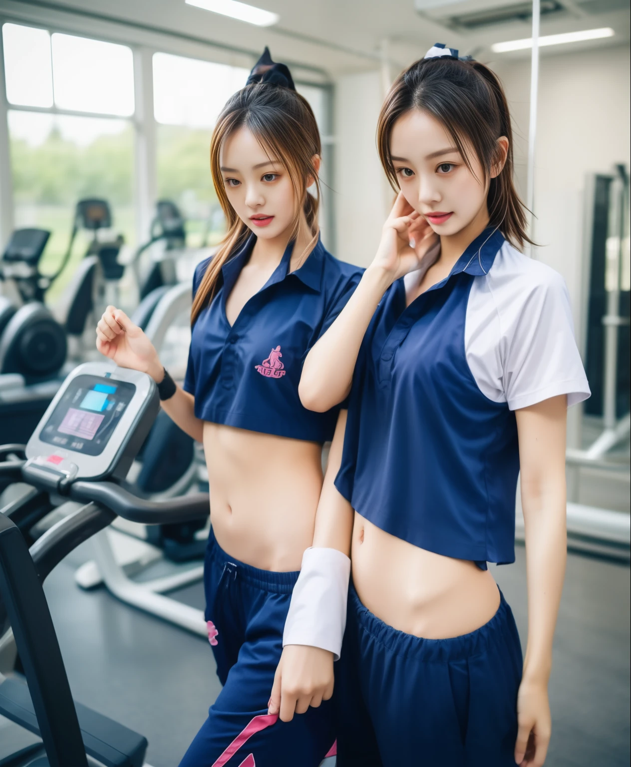 2 girls in the fitness center, Navy blue short-sleeved shirt,Navy Long Trackpant,Sweatpants, Sweatpantsขายาว,25 year old girl, lesbian, sexy, exercise clothes, wet body, exercise clothes, grinding cloth