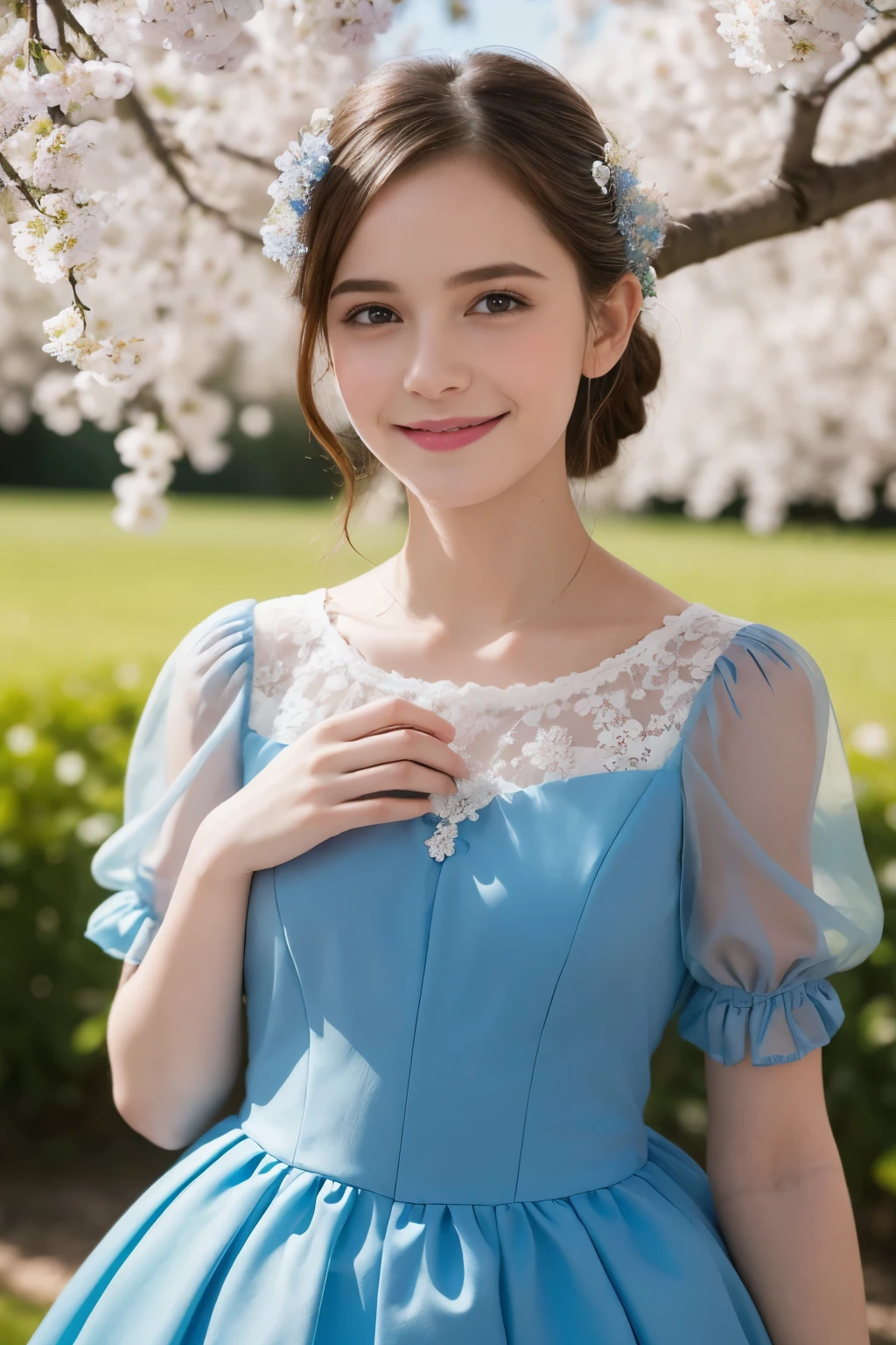 Masterpiece, Best quality, 8k, 18 ans, Photo brute, absurdes, Award-winning portrait, sourire, sourire, pure, french, elegant vibrant blue dress, spring, orchard in bloom, laces, famous singer