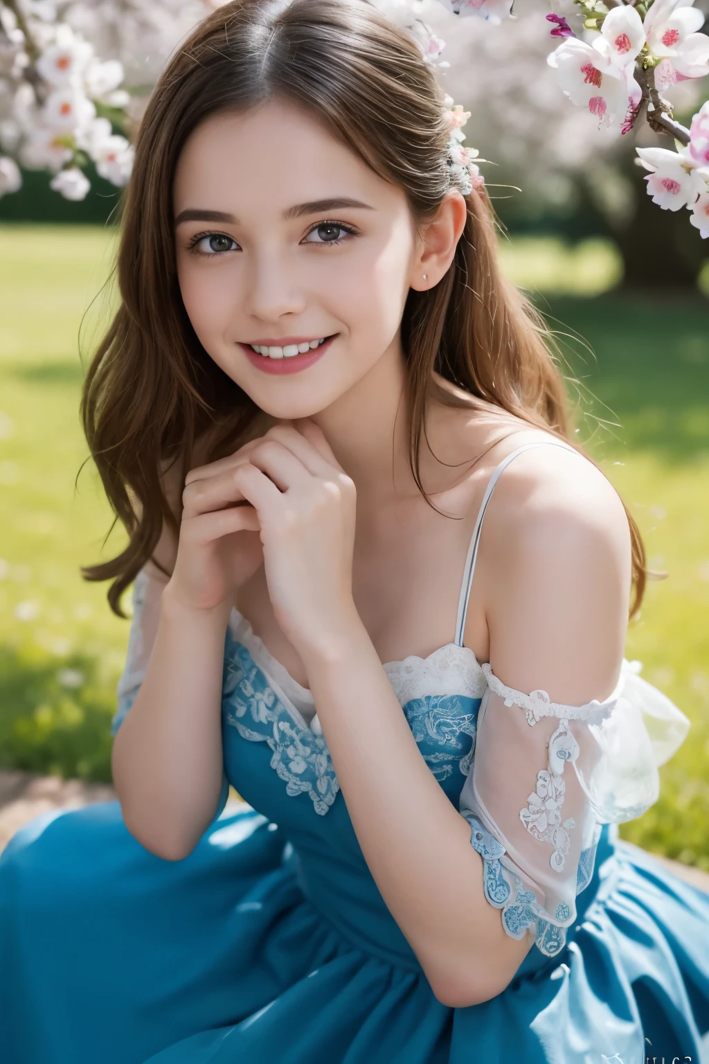 Masterpiece, Best quality, 8k, 18 ans, Photo brute, absurdes, Award-winning portrait, sourire, sourire, pure, french, elegant vibrant blue dress, spring, orchard in bloom, laces, famous singer