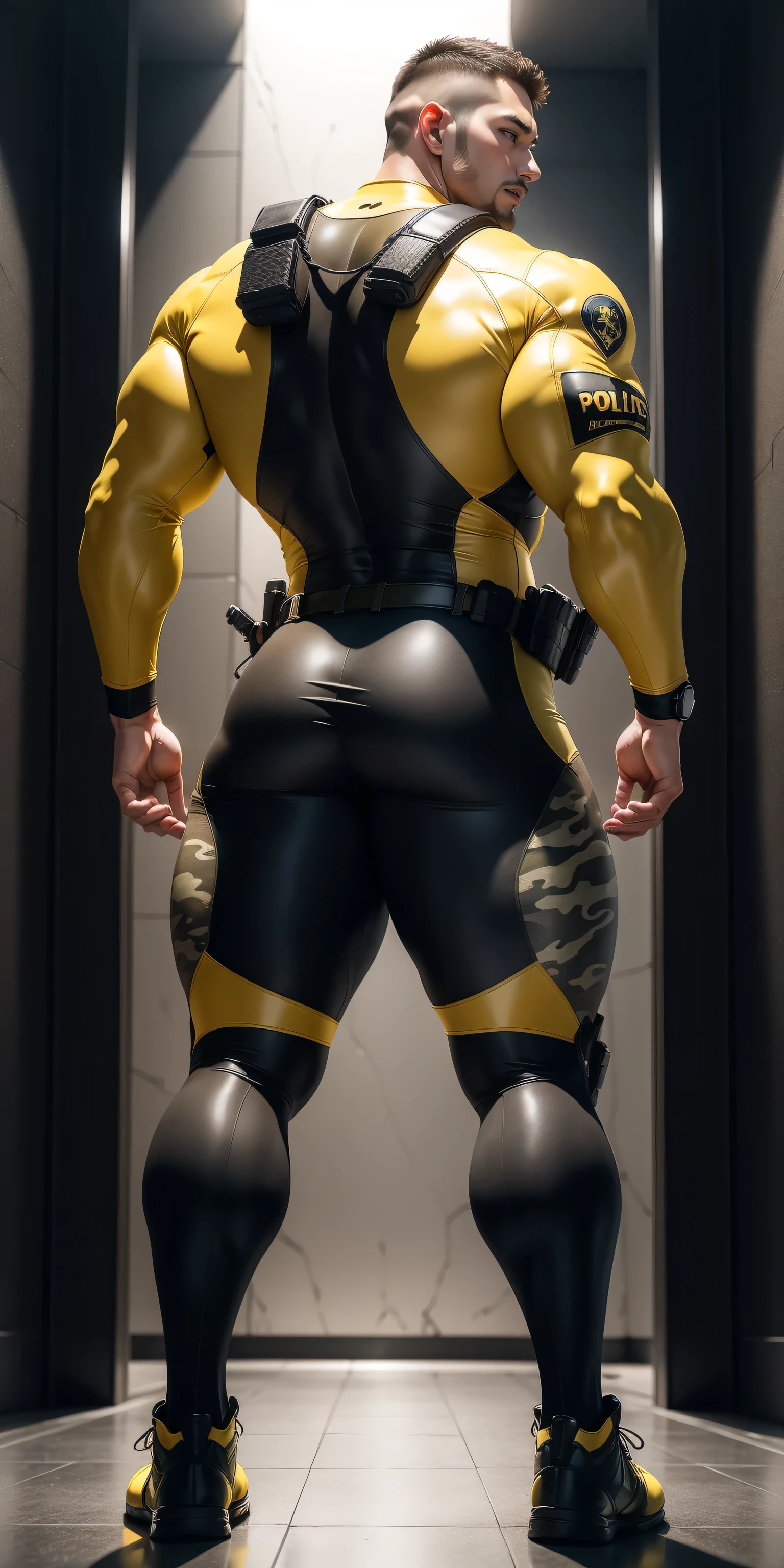 特别High背影, huge, and muscular police officer.，Yellow brown khaki camouflage wetsuit，he faces the wall，Hold the wall with both hands，round butt，Highlights，character idea（Resident Evil - chris redfield，chris redfield）senior police officer，身穿Yellow brown khaki camouflage wetsuit，matte texture，regular symmetrical texture pattern，Standing in the dark sugar cane jungle, The body is wrapped in thick rattan，Valiant male pose，高大burly，muscular！Charming leg muscles，High, burly, Heqiang， 身穿Yellow brown khaki camouflage wetsuit， Super gain and cool， high resolution committee， Big feet in yellow brown boots，Charming strong man，The bright sunshine is shining on you，matte particles，shiny texture