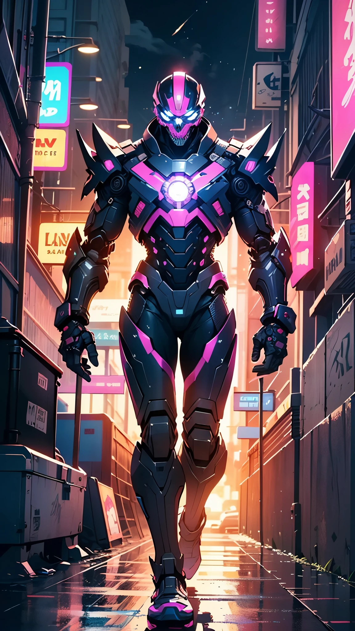 Robot Skull, armored, stealth, Character design, Highly detailed, Intricate details,Mechanical wonder, Cyberpunk, Cybernetic Guardian,male form,skull head,
(dynamic pose:1.0),solo focus,(centered,scale to fit dimensions,Rule of thirds),
cyberpunk city by the ocean at night, with bright neon signs and dark stormy clouds and puddles, scenery:1.25,nighttime, starry night, cosmos,Very dark night that makes the neon lights stand out, very bright neon lights,nighttime, starry night, cosmos,
highres, sharp focus, (ultra detailed, extremely detailed), (photorealistic artwork:1.37),(extremely detailed CG unity 8k wallpaper),((synthwave background theme)),(((vibrant colors))),(intricate background),(masterpiece),(best quality),