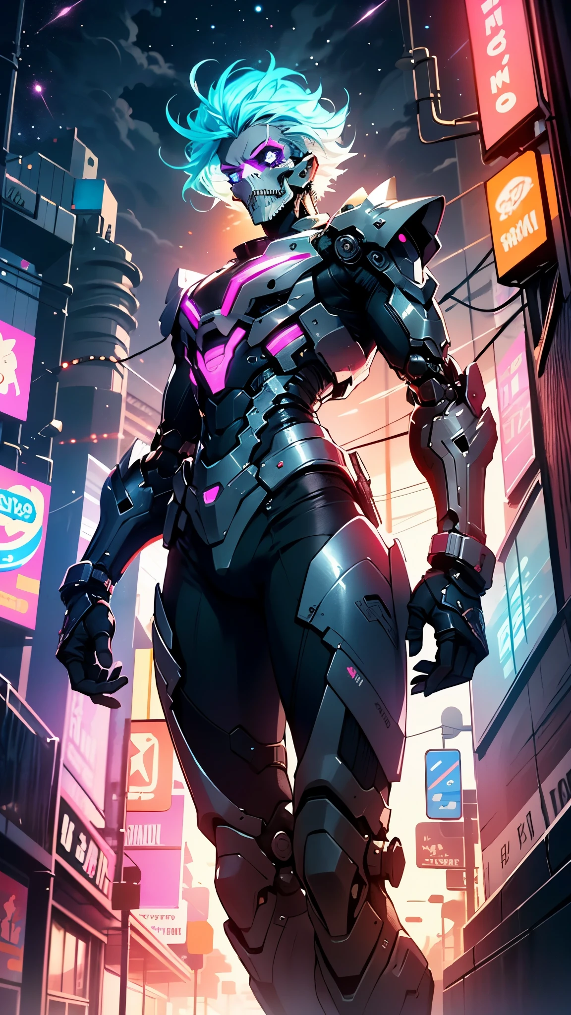 Robot Skull, armored, stealth, Character design, Highly detailed, Intricate details,Mechanical wonder, Cyberpunk, Cybernetic Guardian,male form,skull head,
(dynamic pose:1.0),solo focus,(centered,scale to fit dimensions,Rule of thirds),
cyberpunk city by the ocean at night, with bright neon signs and dark stormy clouds and puddles, scenery:1.25,nighttime, starry night, cosmos,Very dark night that makes the neon lights stand out, very bright neon lights,nighttime, starry night, cosmos,
highres, sharp focus, (ultra detailed, extremely detailed), (photorealistic artwork:1.37),(extremely detailed CG unity 8k wallpaper),((synthwave background theme)),(((vibrant colors))),(intricate background),(masterpiece),(best quality),