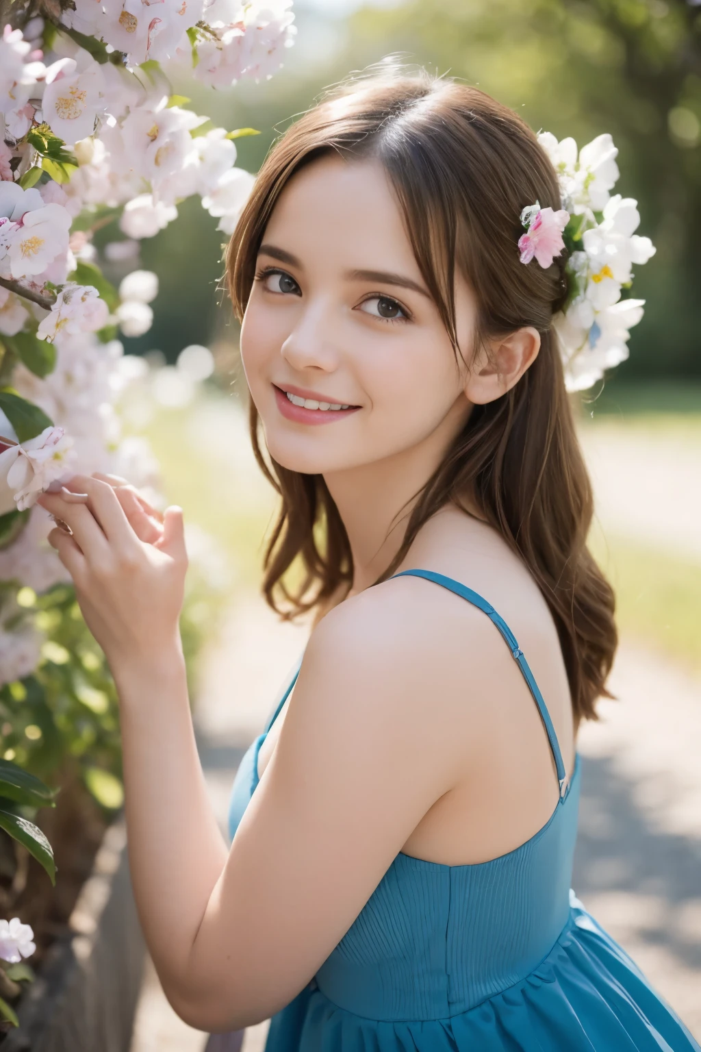 Masterpiece, Best quality, 8k, 18 ans, Photo brute, absurdes, Award-winning portrait, sourire, sourire, pure, french, blue elegant dress, blouse, spring, petite, orchard in bloom, 17th century, princess, retro , blue lingerie