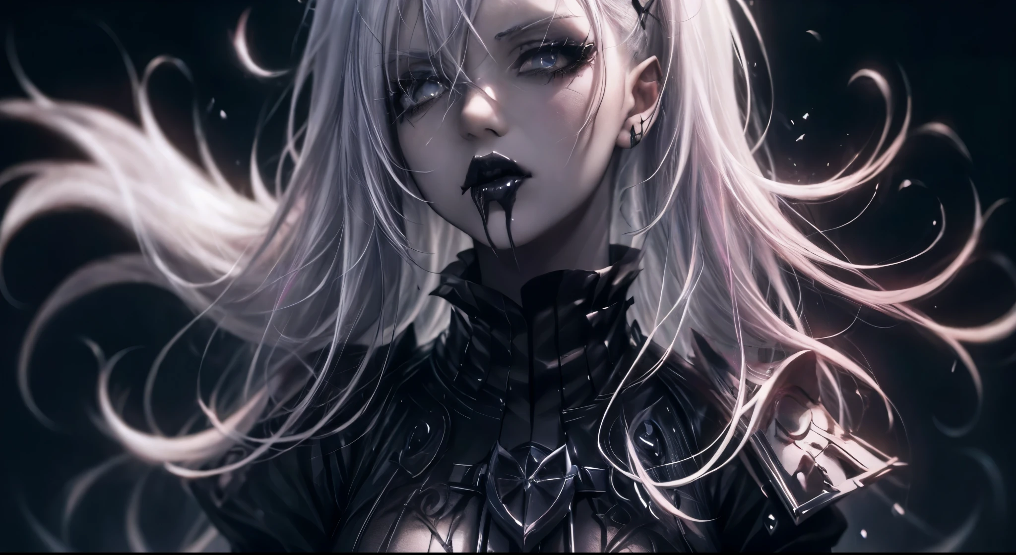 Anime girl with white hair and asymmetrical gothic style haircut, pale skin, sobrancelhas brancas, light pink iris, black lipstick and extremely pointed dark gothic medieval armor. High quality gothic style image broadcast with white haired anime girl, light pink iris and pale skin, Pose confiante, dark scenery, gotas de chuva, olhar severo, rosto oval, Detailed and dynamic 8K black lipstick wallpaper.