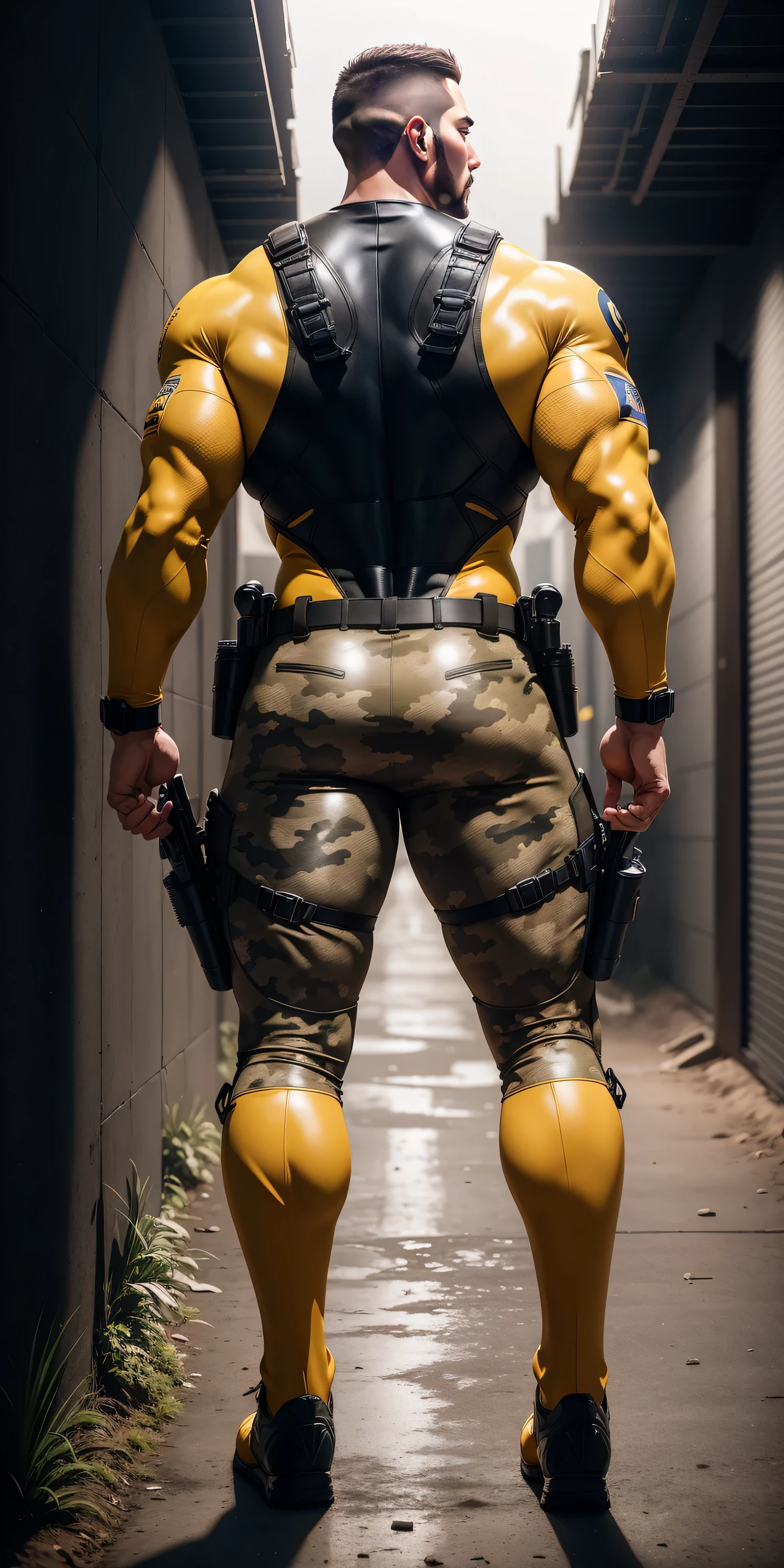 特别High背影, huge, and muscular police officer.，Yellow brown khaki camouflage wetsuit，he faces the wall，Hold the wall with both hands，round butt，Highlights，character idea（Resident Evil - chris redfield，chris redfield）senior police officer，身穿Yellow brown khaki camouflage wetsuit，matte texture，regular symmetrical texture pattern，Standing in the dark sugar cane jungle, The body is wrapped in thick rattan，Valiant male pose，高大burly，muscular！Charming leg muscles，High, burly, Heqiang， 身穿Yellow brown khaki camouflage wetsuit， Super gain and cool， high resolution committee， Big feet in yellow brown boots，Charming strong man，The bright sunshine is shining on you，matte particles，shiny texture
