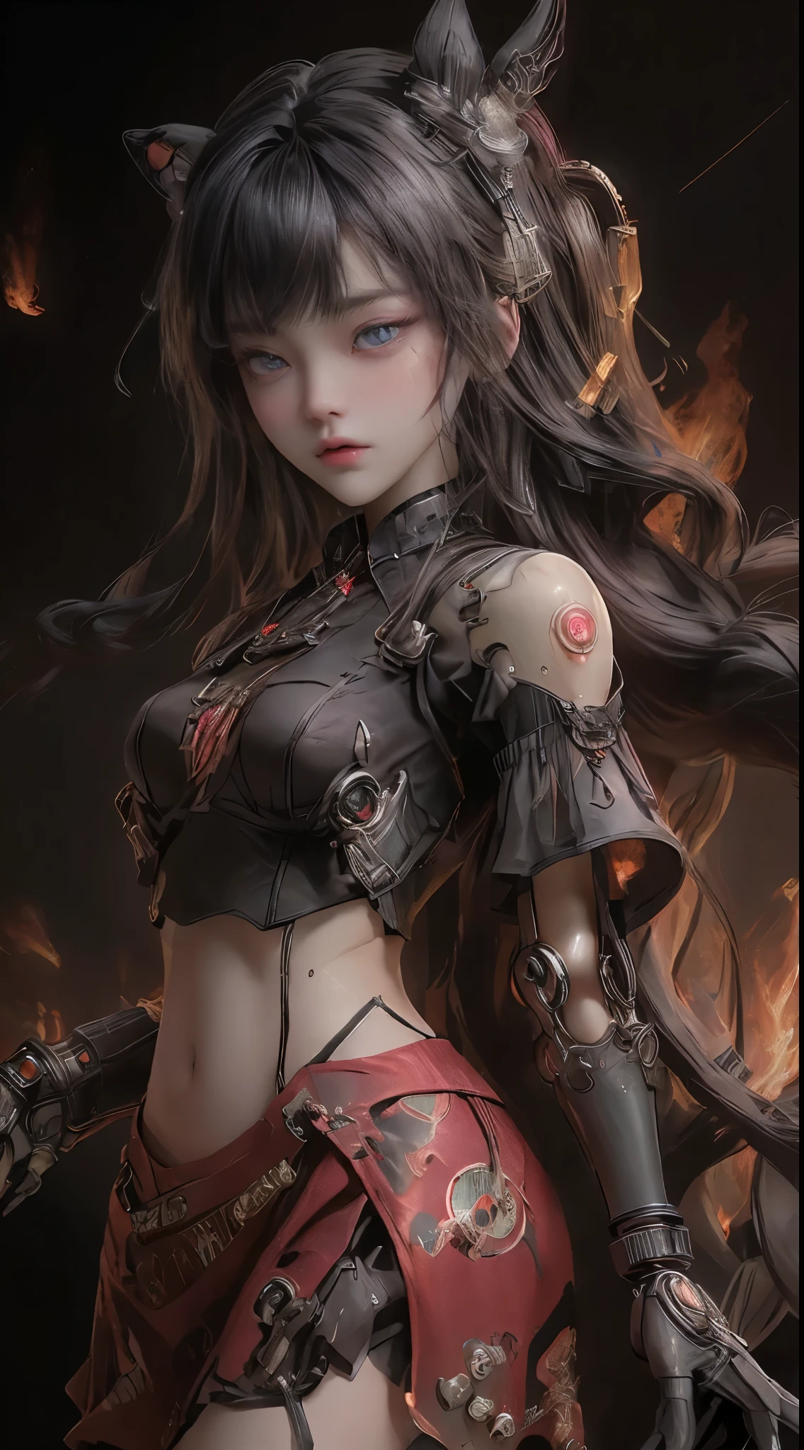 Mechanical doll magical girl, female, , thick bangs, beautiful long black hair curled vertically and heavily disheveled in the wind, slit eyes, very large crescent-shaped eyes, very large dark gray eyes shining like jewels, long eyelashes, very thin little nose, very small mouth, very thin upper lip, light colored natural makeup, very slender and attractive body, (complex mechanical steampunk headgear, black lace flared skirt, complex mechanical overdecorated gothic lolita fashiombined with steampunk fashion), upturned small beautiful breasts, (exploding flames in the background). (complex mechanic factory, lots of gears, lots of piping, lightning filled space sky), create highly detailed and realistic images, (super detailed background), (dark mysterious: 1. 2), UHD, retina, masterpiece, anatomically correct, skin texture, super detailed, highly detailed, high quality, award winning, top quality, 16K,