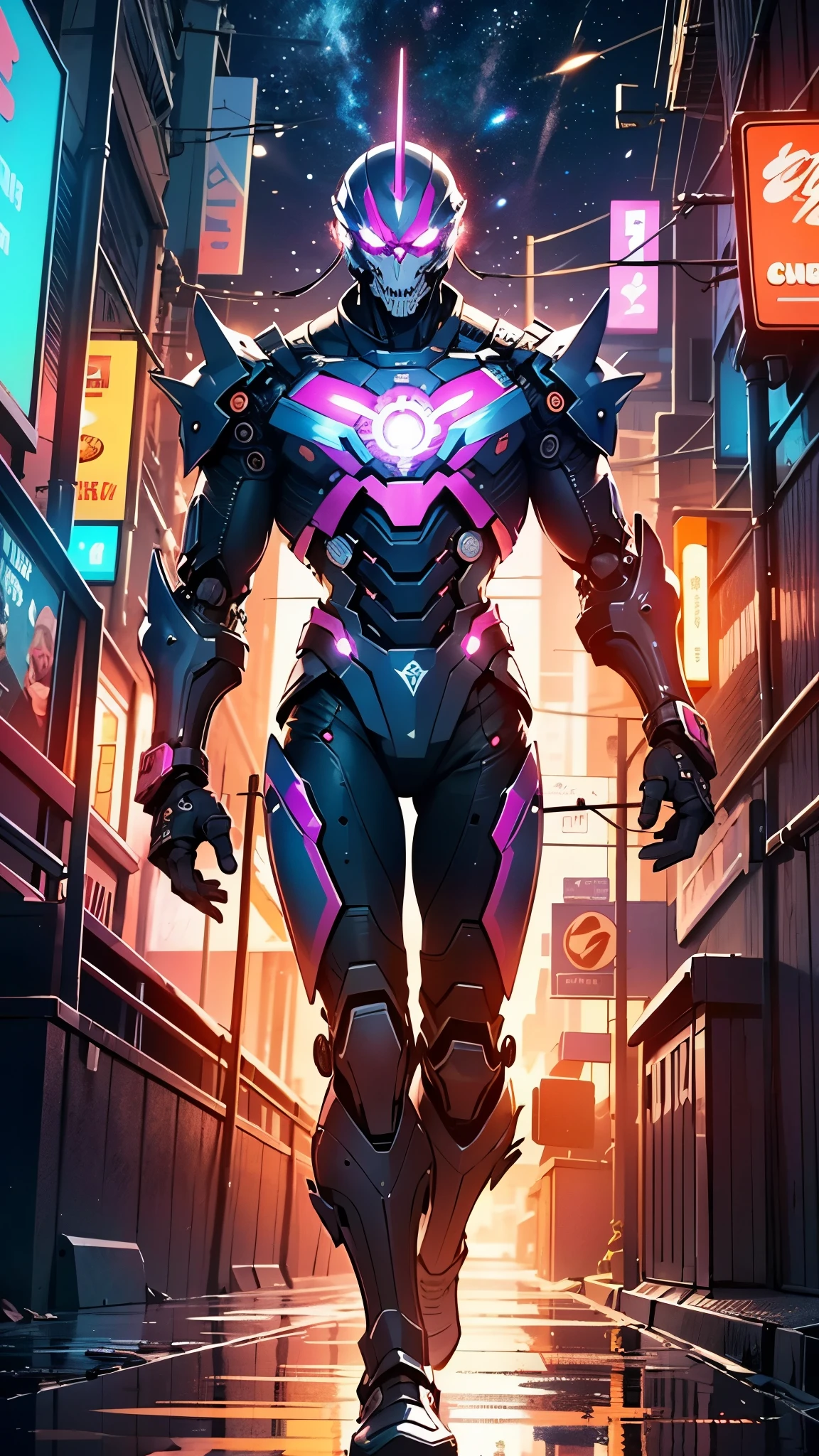 Robot Skull, armored, stealth, Character design, Highly detailed, Intricate details,Mechanical wonder, Cyberpunk, Cybernetic Guardian,male form,skull head,
(dynamic pose:1.0),solo focus,(centered,scale to fit dimensions,Rule of thirds),
cyberpunk city by the ocean at night, with bright neon signs and dark stormy clouds and puddles, scenery:1.25,nighttime, starry night, cosmos,Very dark night that makes the neon lights stand out, very bright neon lights,nighttime, starry night, cosmos,
highres, sharp focus, (ultra detailed, extremely detailed), (photorealistic artwork:1.37),(extremely detailed CG unity 8k wallpaper),((synthwave background theme)),(((vibrant colors))),(intricate background),(masterpiece),(best quality),
