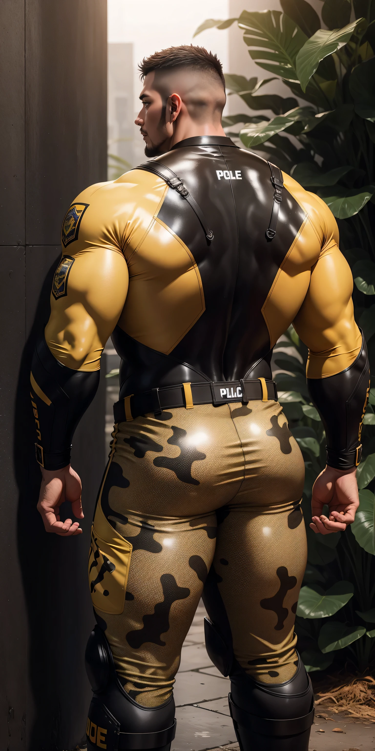 The back view of a particularly tall and strong giant muscular police officer.，Yellow brown khaki camouflage wetsuit，he faces the wall，Hold the wall with both hands，round butt，Highlights，character idea（Resident Evil - chris redfield，chris redfield）senior police officer，身穿Yellow brown khaki camouflage wetsuit，matte texture，regular symmetrical texture pattern，Standing in the dark sugar cane jungle, The body is wrapped in thick rattan，Valiant male pose，高大burly，muscular！Charming leg muscles，High, burly, Heqiang， 身穿Yellow brown khaki camouflage wetsuit， Super gain and cool， high resolution committee， Big feet in yellow brown boots，Charming strong man，The bright sunshine is shining on you，matte particles，shiny texture