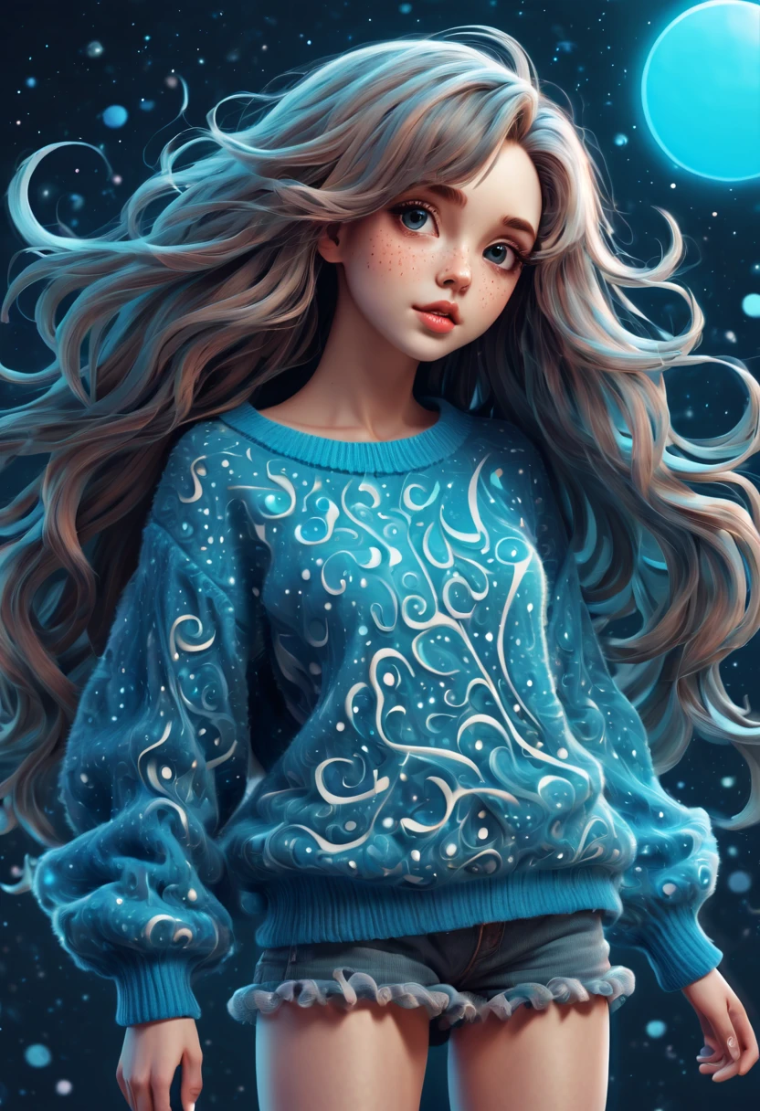 (best quality, highres, ultra sharp), (magical cute girl:1.2). Standing, (Full body:1.1) view, long legs. magical style, standing, long neck, large head, (exaggerated hair:1.1), (fluffy hair:1.1), (expanded hair:1.2), small freckles, exaggerated expression, surreal, duck egg blue sweater with small dots, details, horsehair, fluffy, socks, magic background, hand-drawn style,pencil drawing,cute, flowing lines, clean and crisp outlines, clean composition, zentangle hair style, art deco, zentangle, 3d crunch, cinematic,