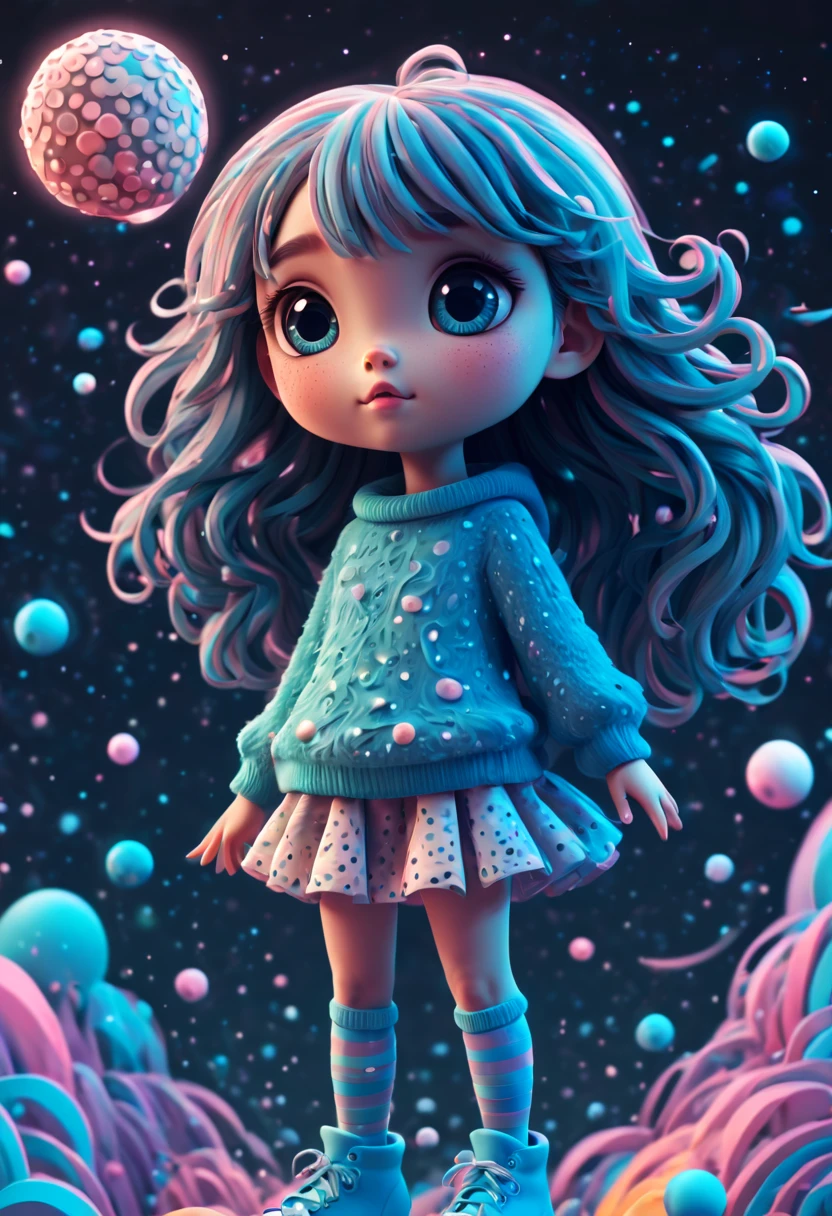 (best quality, highres, ultra sharp), (magical cute girl:1.2). Standing, (Full body:1.1) view, long legs. magical style, standing, long neck, large head, (exaggerated hair:1.1), (fluffy hair:1.1), (expanded hair:1.2), small freckles, exaggerated expression, surreal, duck egg blue sweater with small dots, details, horsehair, fluffy, socks, magic background, hand-drawn style,pencil drawing,cute, flowing lines, clean and crisp outlines, clean composition, zentangle hair style, art deco, zentangle, 3d crunch, cinematic,