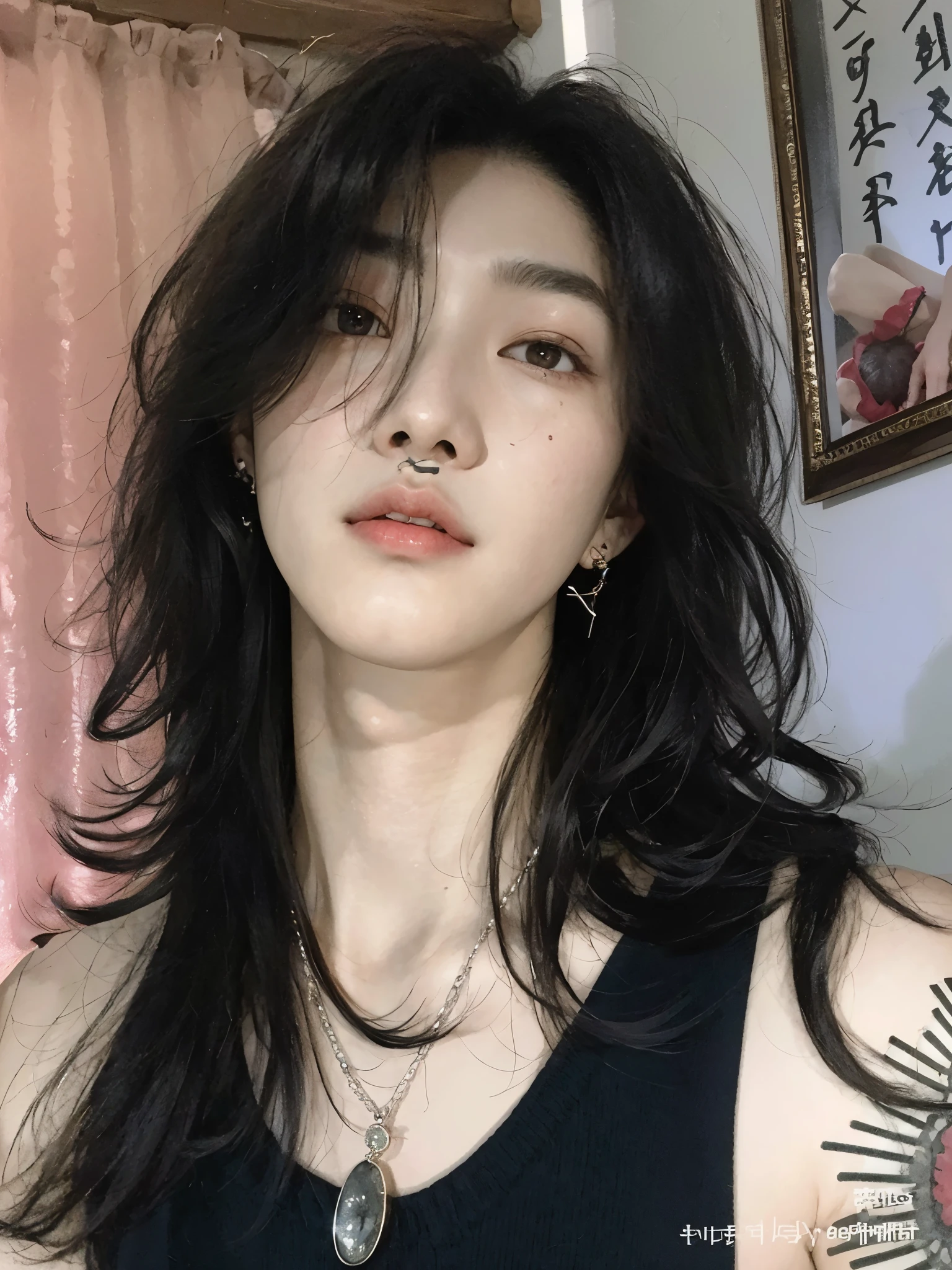 un primer plano de una mujer con cabello largo y vistiendo un top negro, cai xukun, androgynous person, androgynous face, delicate androgynous prince, steven jung, 1 7--old  with a thin face, jinyoung shin, yanjun chengt, hombre surcoreano, androgynous male, androgynous, hsiao-ron, Suga BTS, min yoongi, yoongi