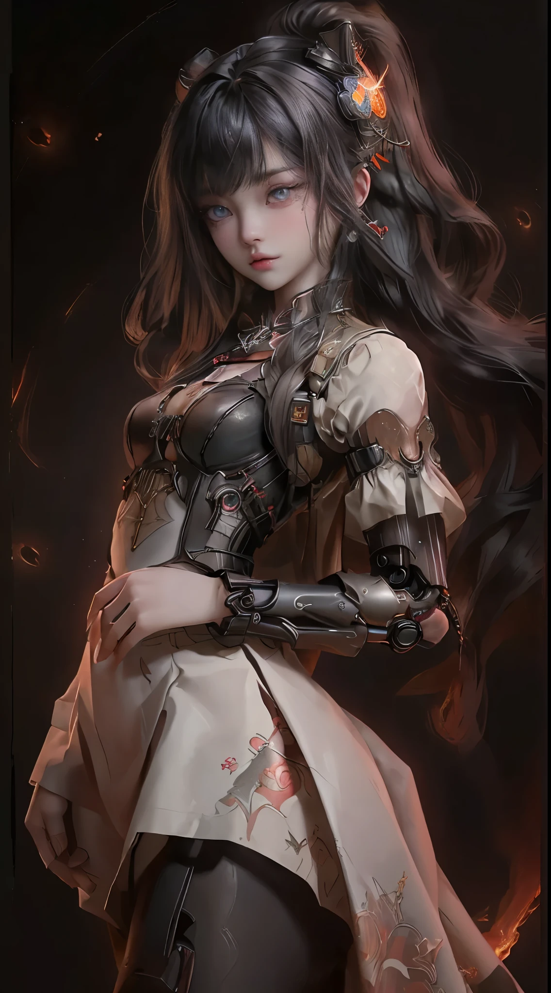 Mechanical doll magical girl, female, , UHD, retina, masterpiece, anatomically correct, skin texture, super detailed, highly detailed, high quality, award winning, top quality, 16K, thick bangs, beautiful long black hair curled vertically and heavily disheveled in the wind, slit eyes, very large crescent-shaped eyes, very large dark gray eyes shining like jewels, long eyelashes, very thin little nose, very small mouth, very thin upper lip, light colored natural makeup, very slender and attractive body, (complex mechanical steampunk headgear, black lace flared skirt, complex mechanical overdecorated gothic lolita fashion combined with steampunk fashion), upturned small beautiful breasts, (exploding flames in the background). (complex mechanic factory, lots of gears, lots of piping, lightning filled space sky), create highly detailed and realistic images, (super detailed background), (dark mysterious: 1. 2),