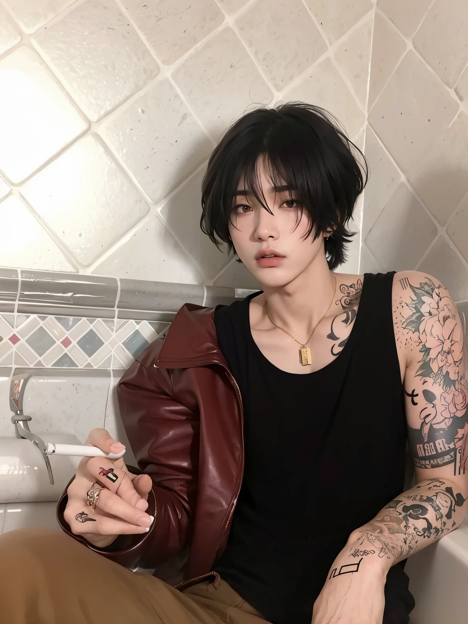 Arafed man with tattoos sitting in a bathtub holding a cigarette, pintar ulzzang, Jung Jaehyun, cai xukun, handsome japanese demon boy, yoongi de pelo negro, jinyoung shin, androgynous, ulzzang, androgynous person, delicate androgynous prince, beautiful androgynous prince, androgynous male, kim doyoung